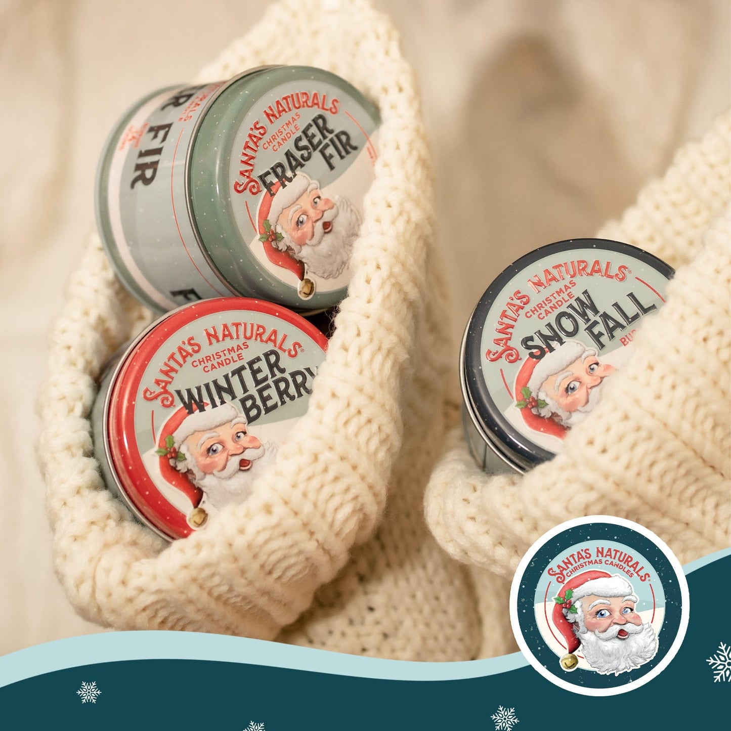 Santa's Naturals Christmas Candle Bundle, Fraser Fir, Winter Berry & Snow Fall Scents, Soy & Beeswax, 30-Hour Burn Time, 9oz, 3-Pack