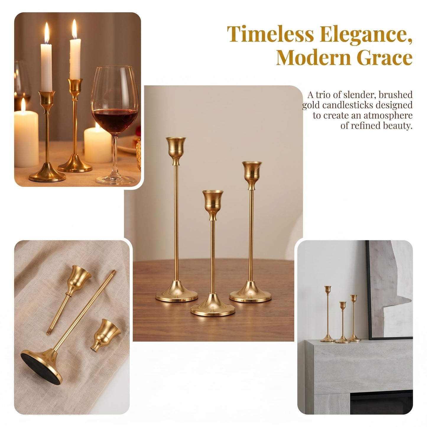 Oakernel Brass Taper Candle Holders 4 Sets(12 Pcs) - Tall Metal Candlestick Holders for Table Centerpiece, Formal Dinner, Wedding, Fireplace Mantel Decor, Fits 3/4 Inch Thick Candles