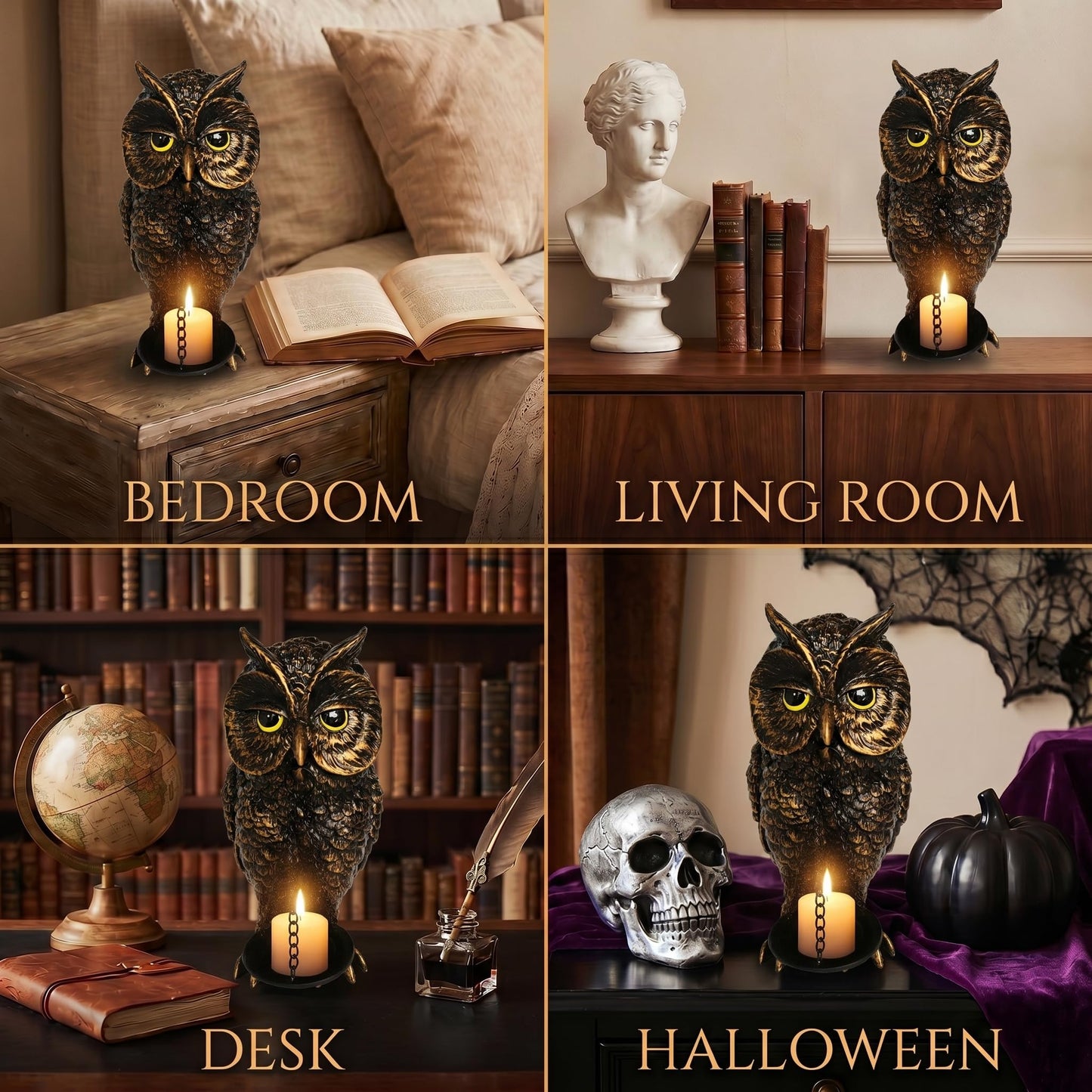 Gothic Home Decor Owl Candle Holder Tealight Stand Resin Statue for Living Room Bedroom Halloween Spooky Ornaments Unique Bird Decor Gold