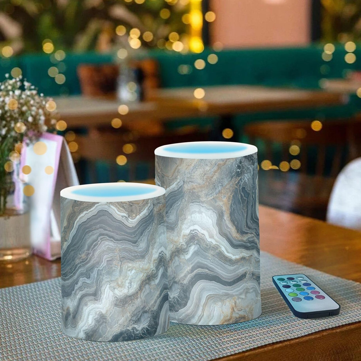 ZRYSMY Abstract Brown Gray Marble Flameless LED Candles with Remote - Set of 2, 3 Inch Battery-Operated Flickering Pillar Candles with Timer, No Batteries Included