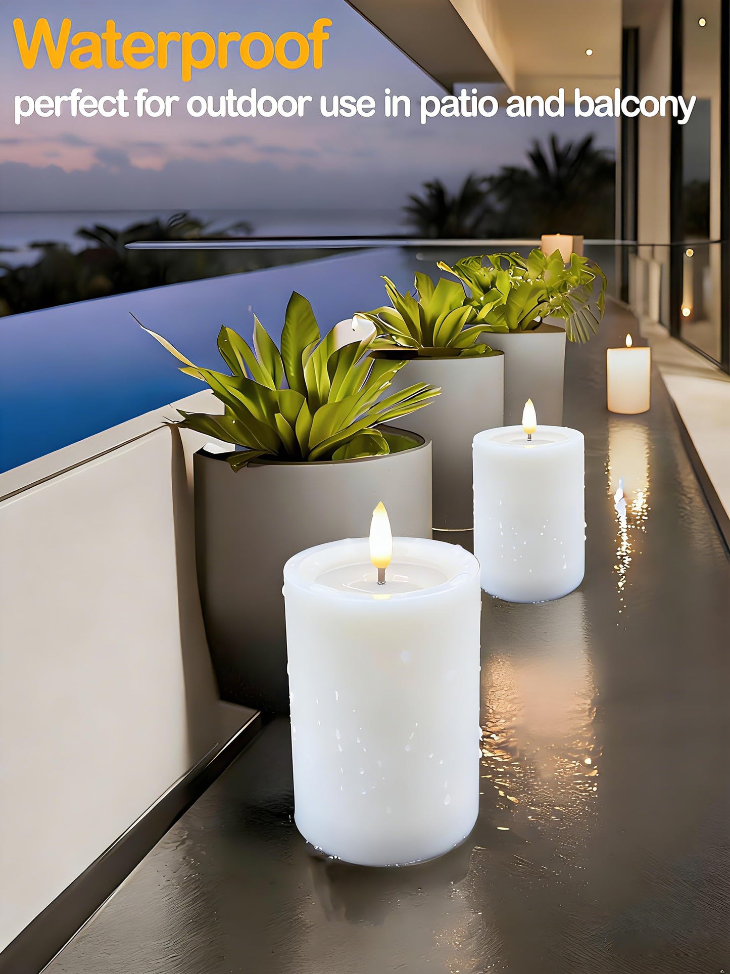 Gmnee 3"x4" Outdoor Waterproof Flameless Candles with Remote and Timers, LED Candles, Battery Operated Candles, Electric Fake Pillar Candles for Patio, Porch, and Lanterns Decor (White, Plastic)