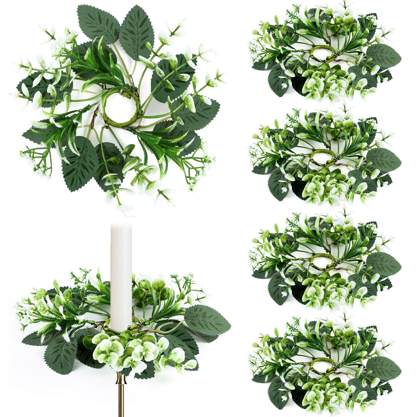 6 PCS Eucalyptus Taper Candle Rings Wreaths 1.38" Mini Spring Summer Floral Taper Candle Holder Wreaths Artificial Greenery Leaves Table Centerpieces Wreath for Farmhouse Home Candlesticks Decor