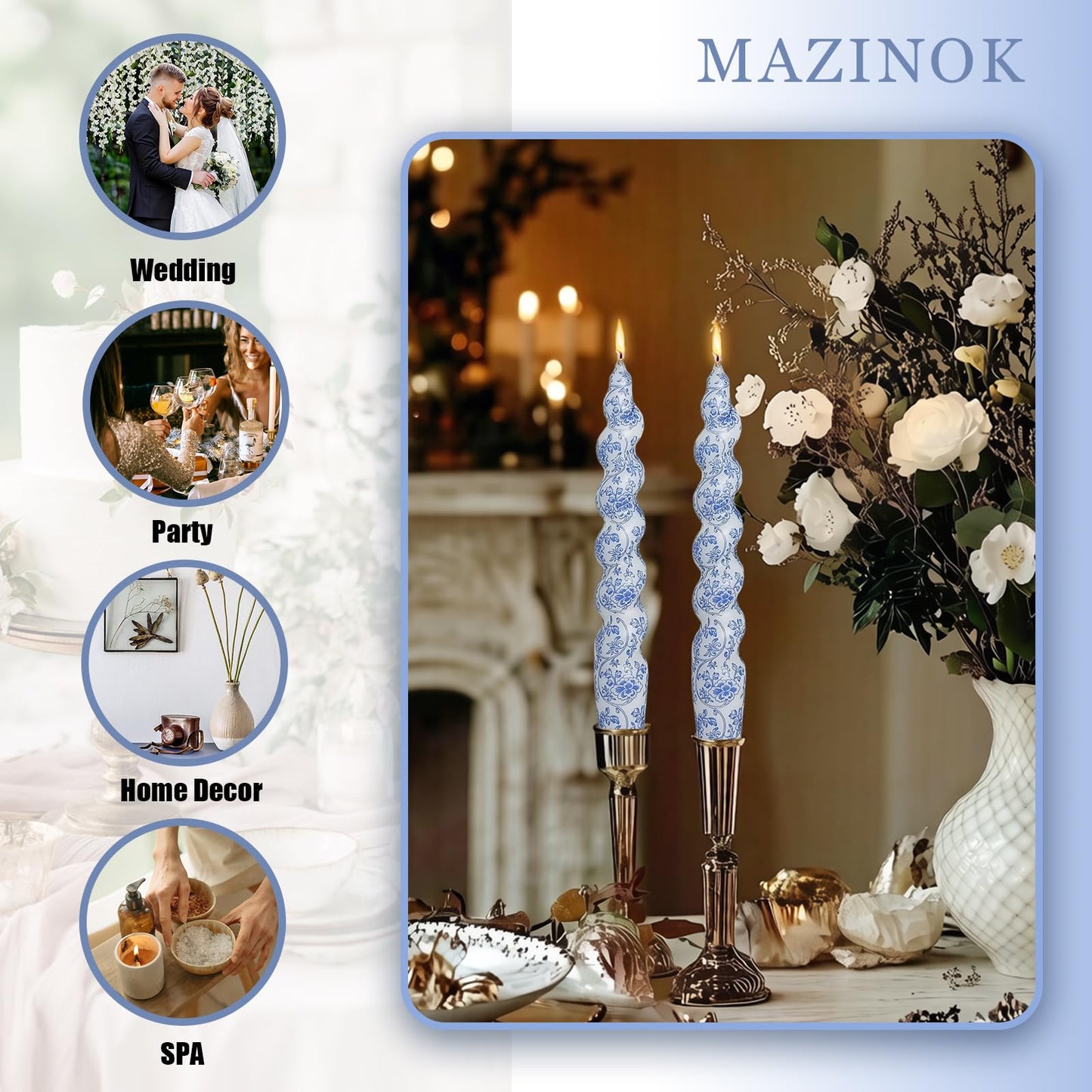 Print Taper Candles Dripless Candlesticks - 2 Pack Handmade Blue Flower Candle Long Spiral Candle Sticks - 7.5 inches Tapered Candles for Home Party Wedding Restaurant Holiday Decor