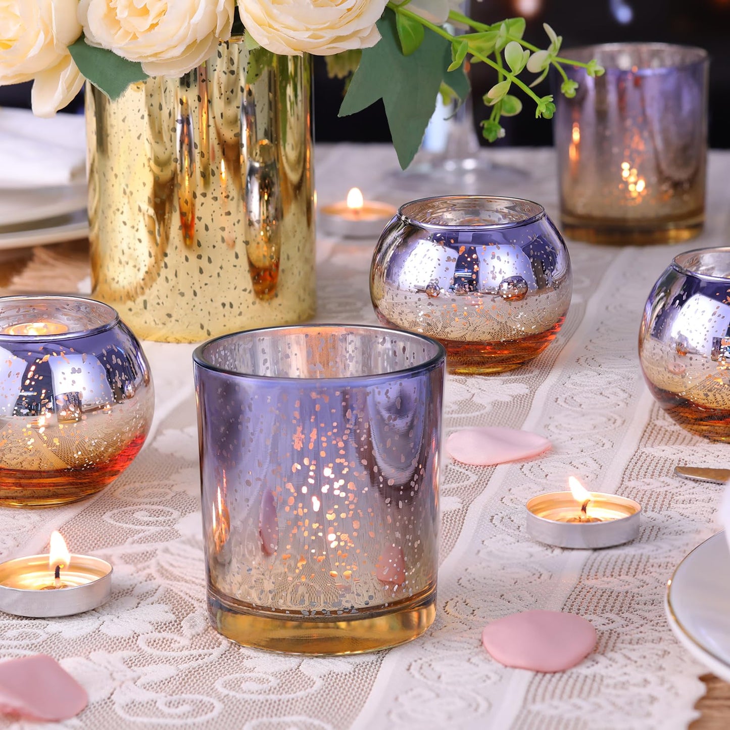 Volens 30pcs Assorted Purple Votive Candle Holders Bulk, Large Mercury Glass Votive for Wedding Table Centerpieces, Purple and Gold Themed Party Decorations and Home Decor