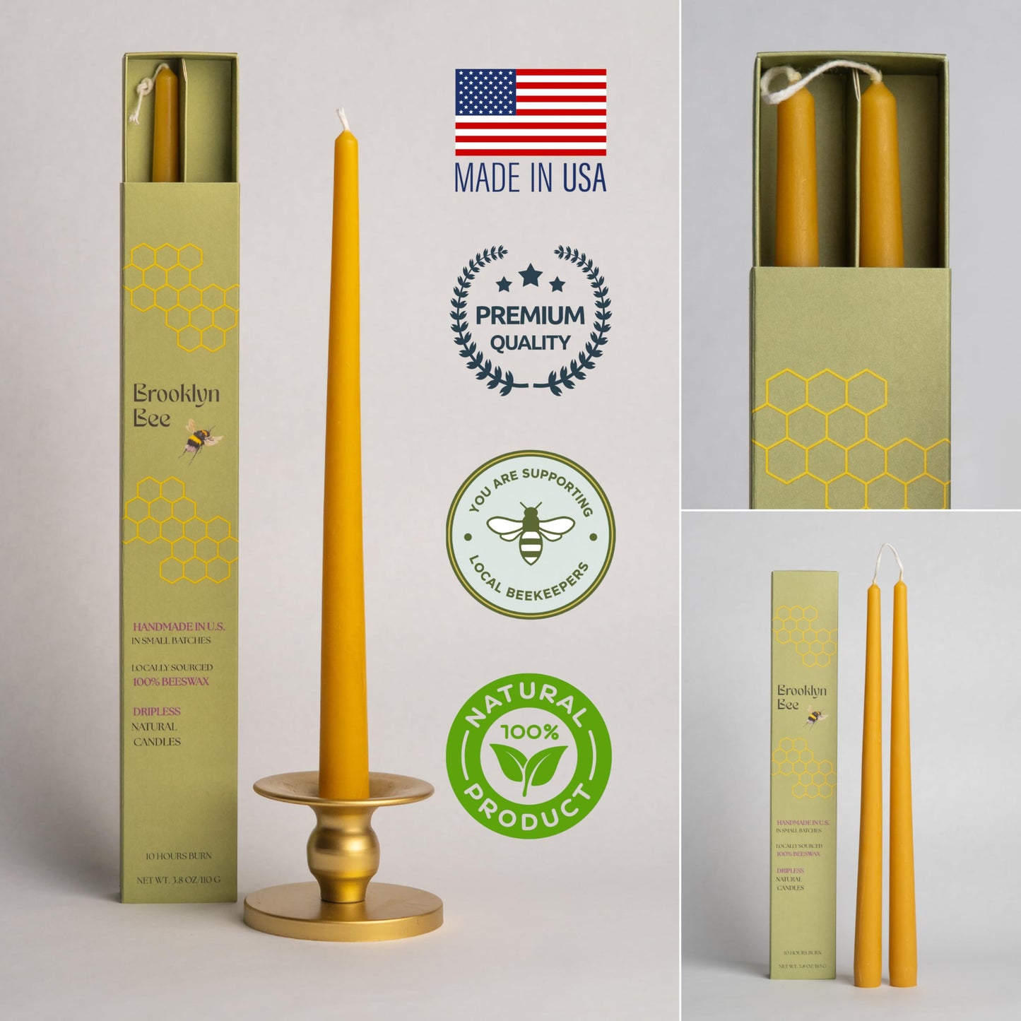 Premium 100% Pure Beeswax Taper Candles – Handmade in USA – Dripless, Non Toxic, 10+ Hour Burn – 11.5 in (Set of 2) – Made with Locally Sourced Beeswax