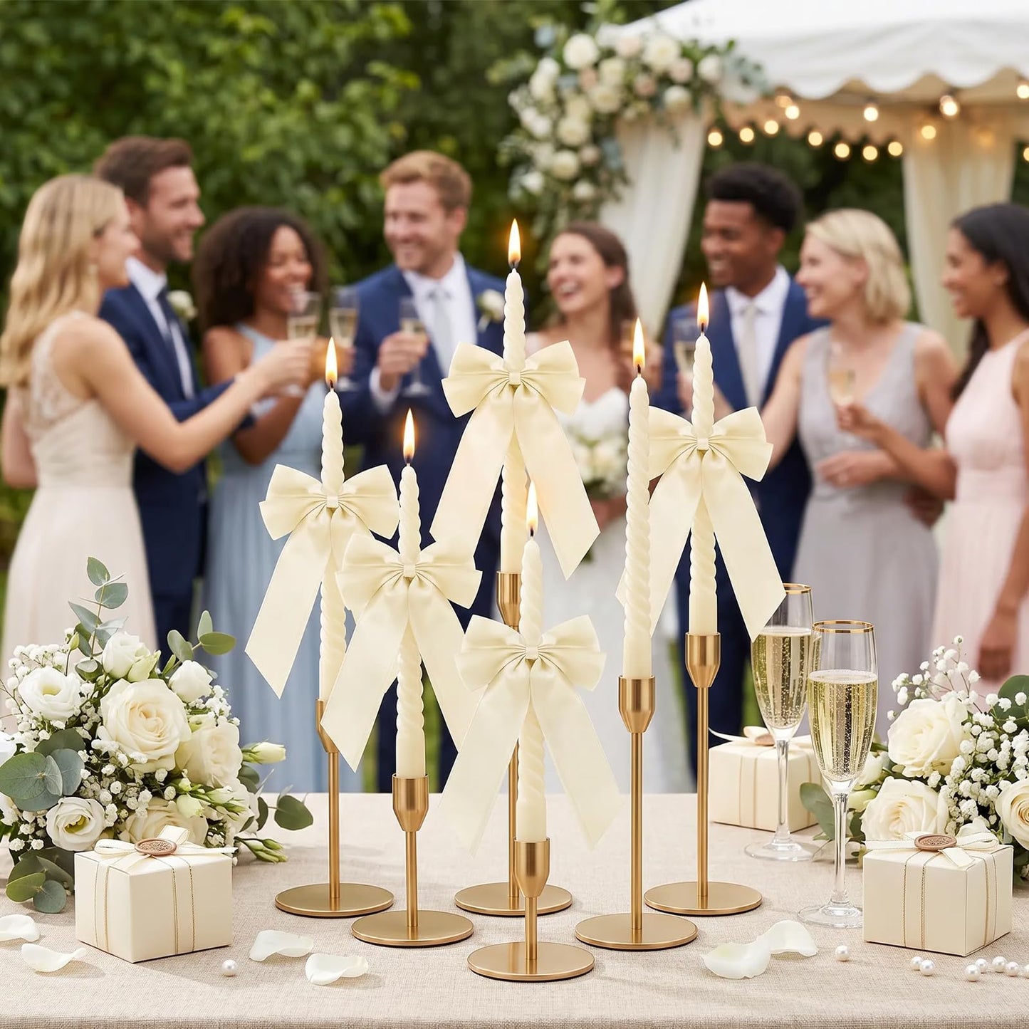 Whaline 8Pcs Spiral Taper Candles with Ribbon Bow Decor Dripless Twisted Wax Candles 10 Inch Long Unscented Candle Sticks for Coquette Bachelorette Bridal Wedding Party (Ivory White)