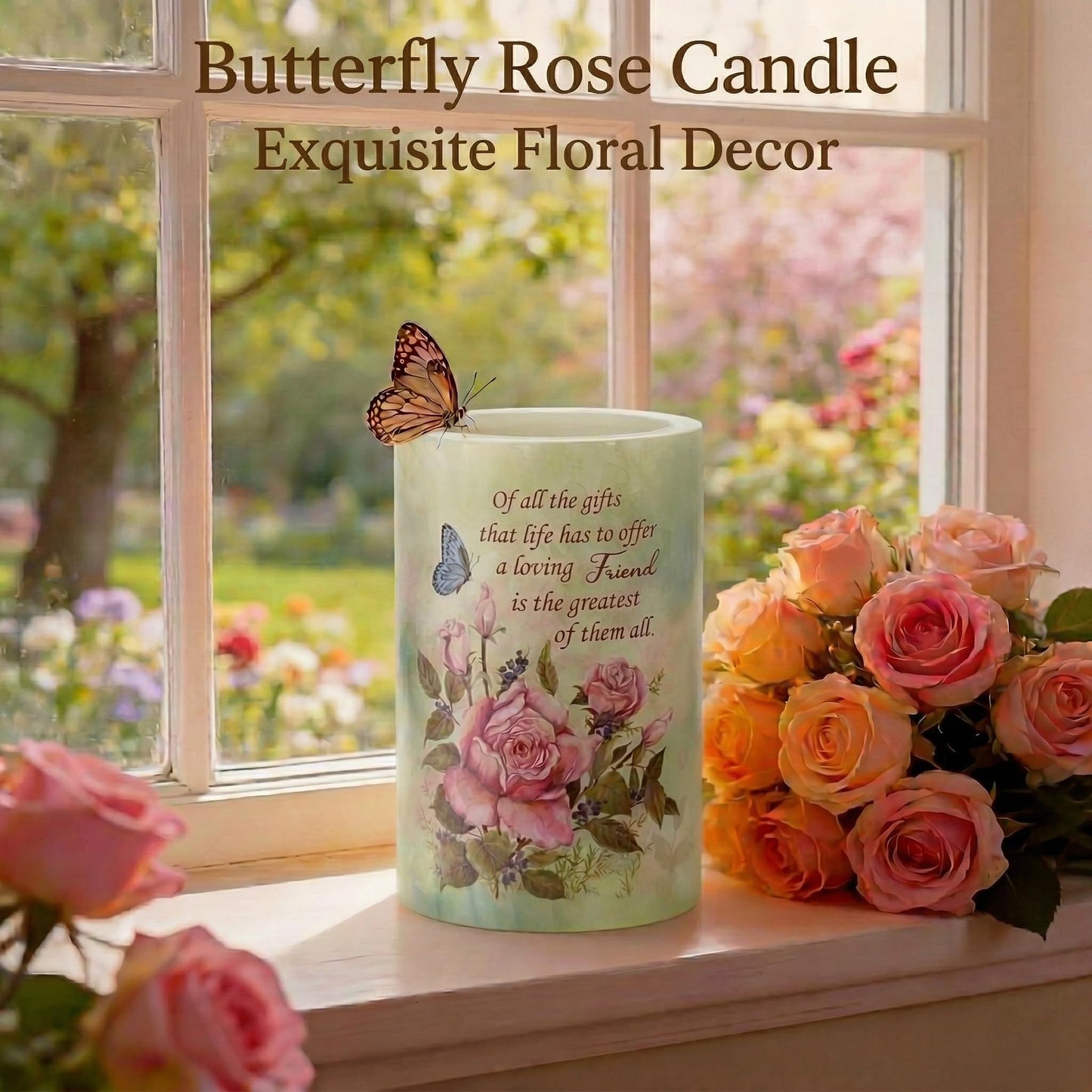 Real Wax Flameless Candle 4x6,Butterfly Rose Flickering LED Pillar Candle with Timer, Battery Operated, Romantic Floral Decor, Wedding & Valentine Centerpiece, Anniversary Decor for Wife or Girlfriend