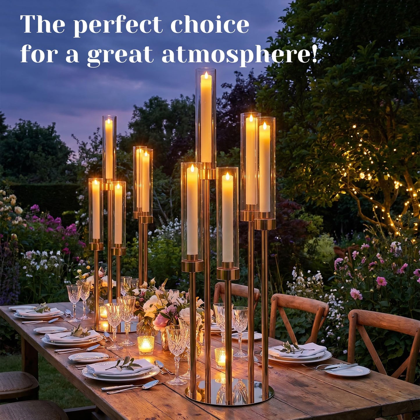 10PCS Gold Candelabra Centerpieces, 42.5in 5 Arm Gold Candle Holder with Acrylic Lampshade, Perfect for Wedding, Birthday, Holiday & Party Decor, Fits 0.9" LED Taper Candles