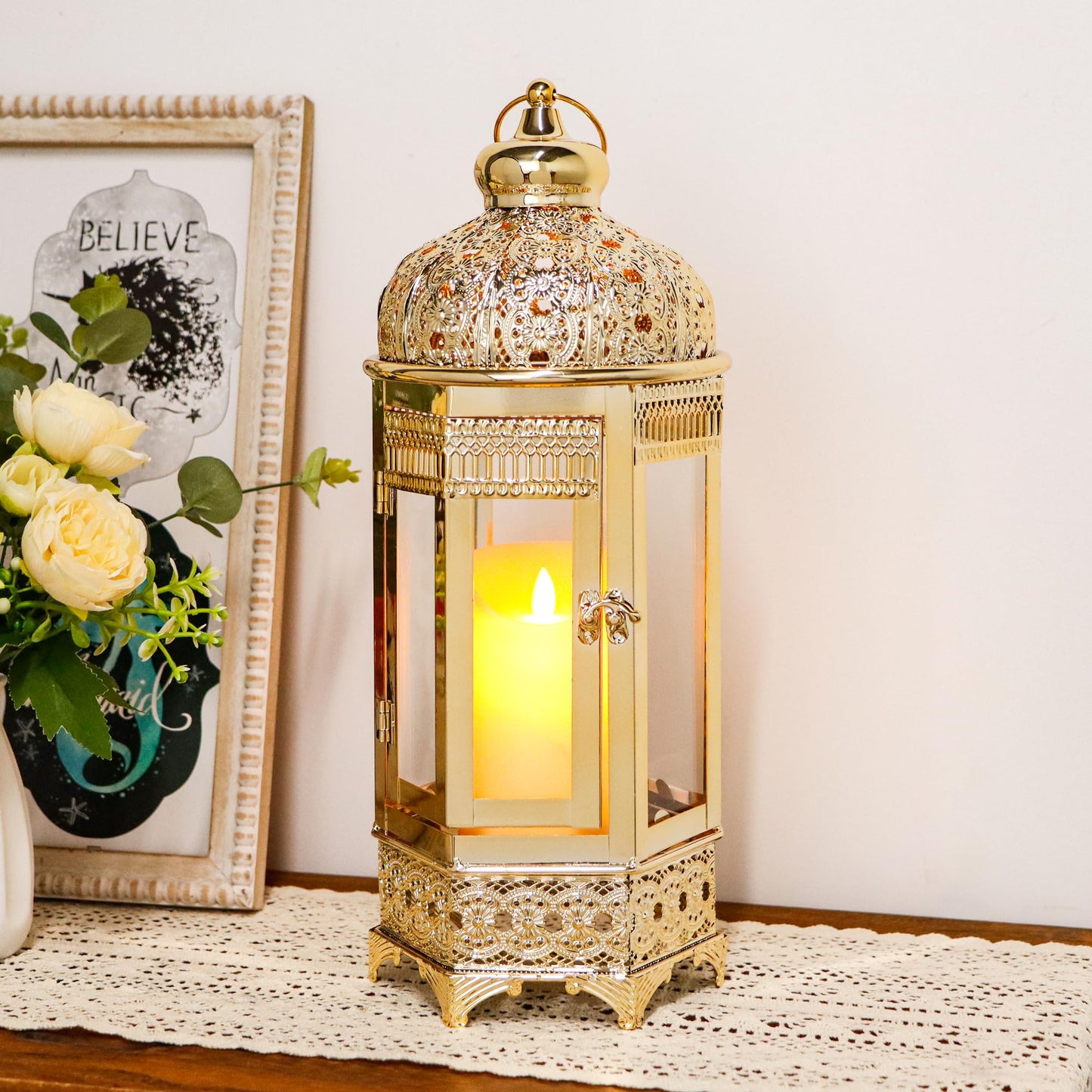 TRIROCKS Moroccan Candle Lantern16'' Gold Hexagonal Candle Holder with Tempered Glass Decorative Indoor Outdoor Ramadan Lantern for Living Room Garden Yard Patio Parties Events (Gold)