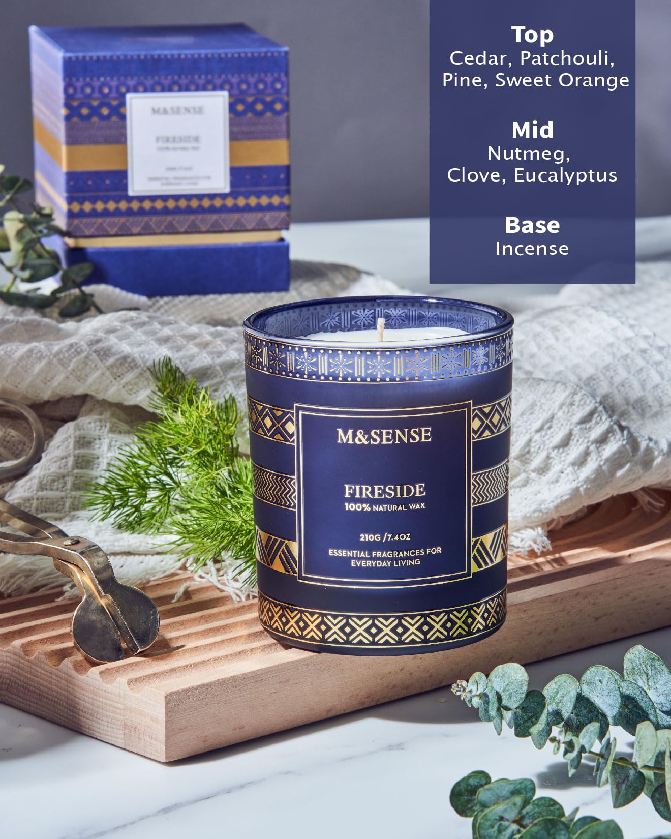 M&SENSE Fireside Scented Candle for Men, Masculine 7.4oz Winter Home Fragrance, Luxury Candle for Cozy Winter Room Decor, Housewarming New Year Gifts