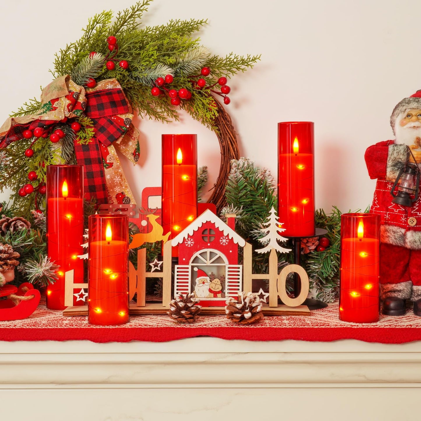 Homemory Acrylic Flameless Candles with Embedded Star String Fairy Lights, Battery Operated, LED Candles, Fake Candles with Remote Control and Timer, Red, Set of 5