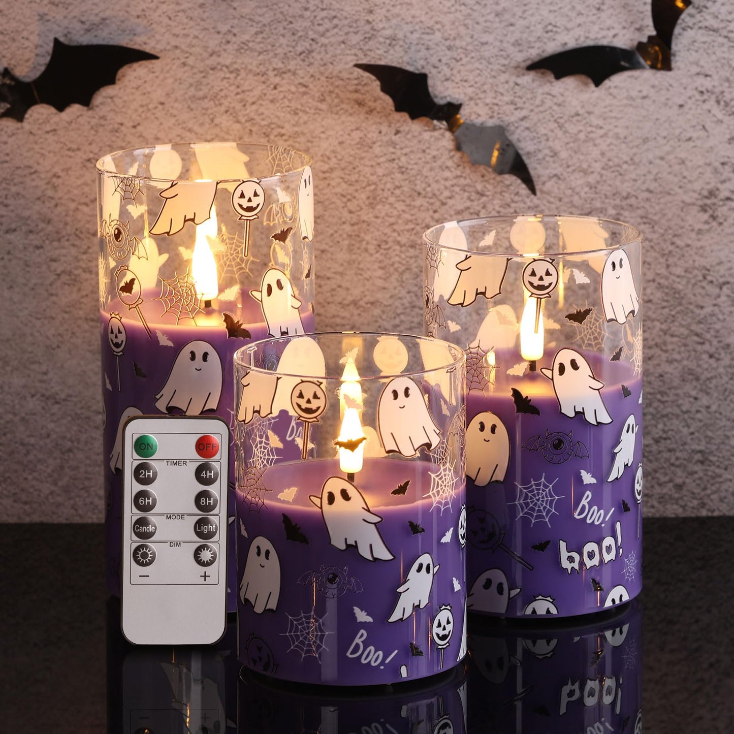 Girimax Purple Glass Flameless Pillar Candles with Remote, Halloween Flickering LED Wax Candles Battery Powered Set of 3
