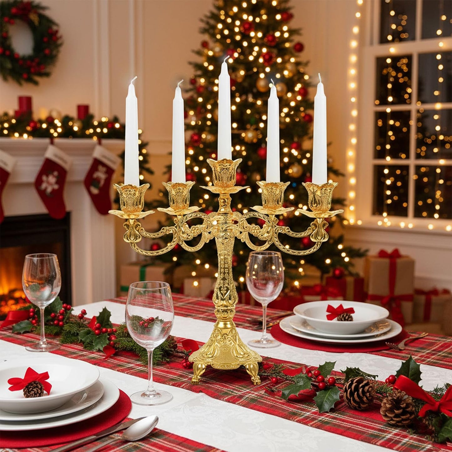 5-Candle Candelabra Metal Candlestick Holder Decoration for Weddings, Churches, Halloween, Christmas, Birthday Party (A-Gold)