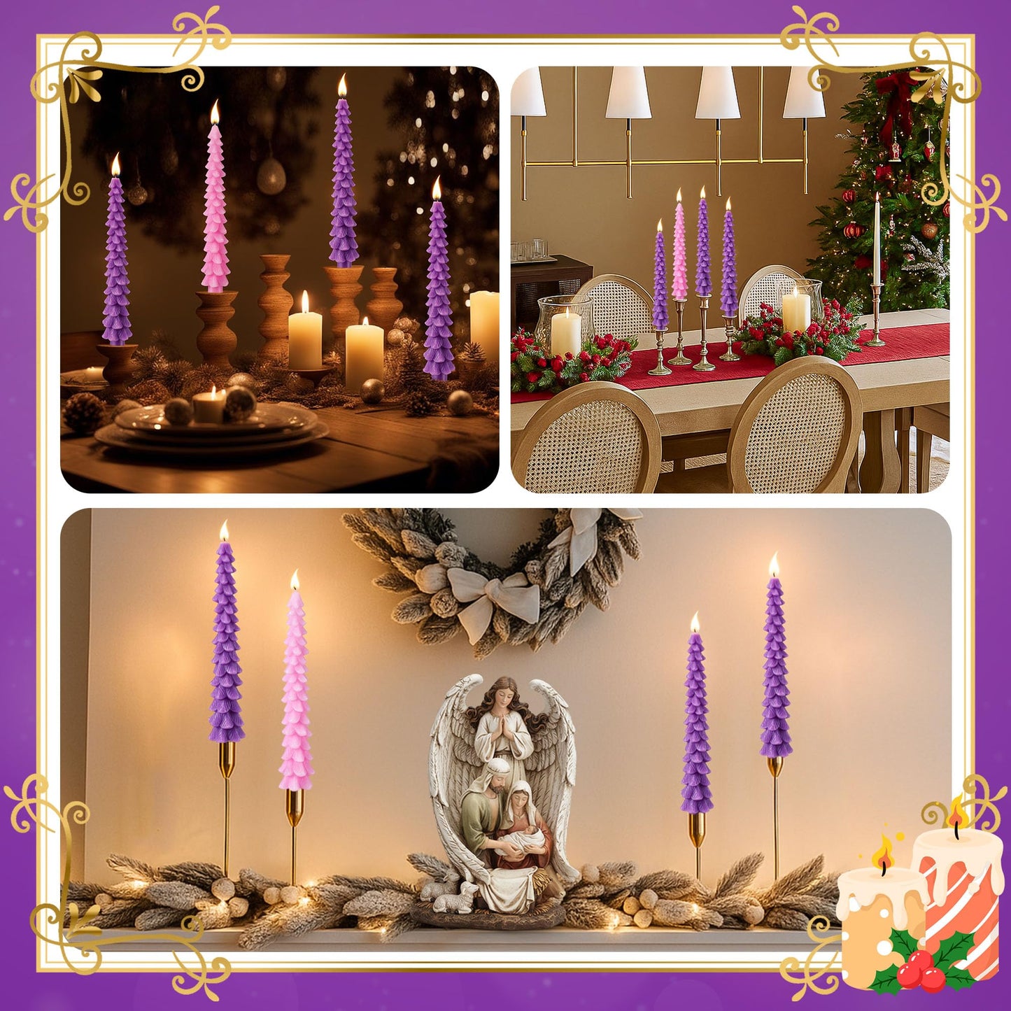 Enhon 8 Pcs Advent Candles Set, 10 Inch Tree Shaped Taper Candles, Unscented Beeswax Christmas Advent Wreath Candle for Xmas, Holiday, Church, Party, or Home Decor (Purple,Pink Style)