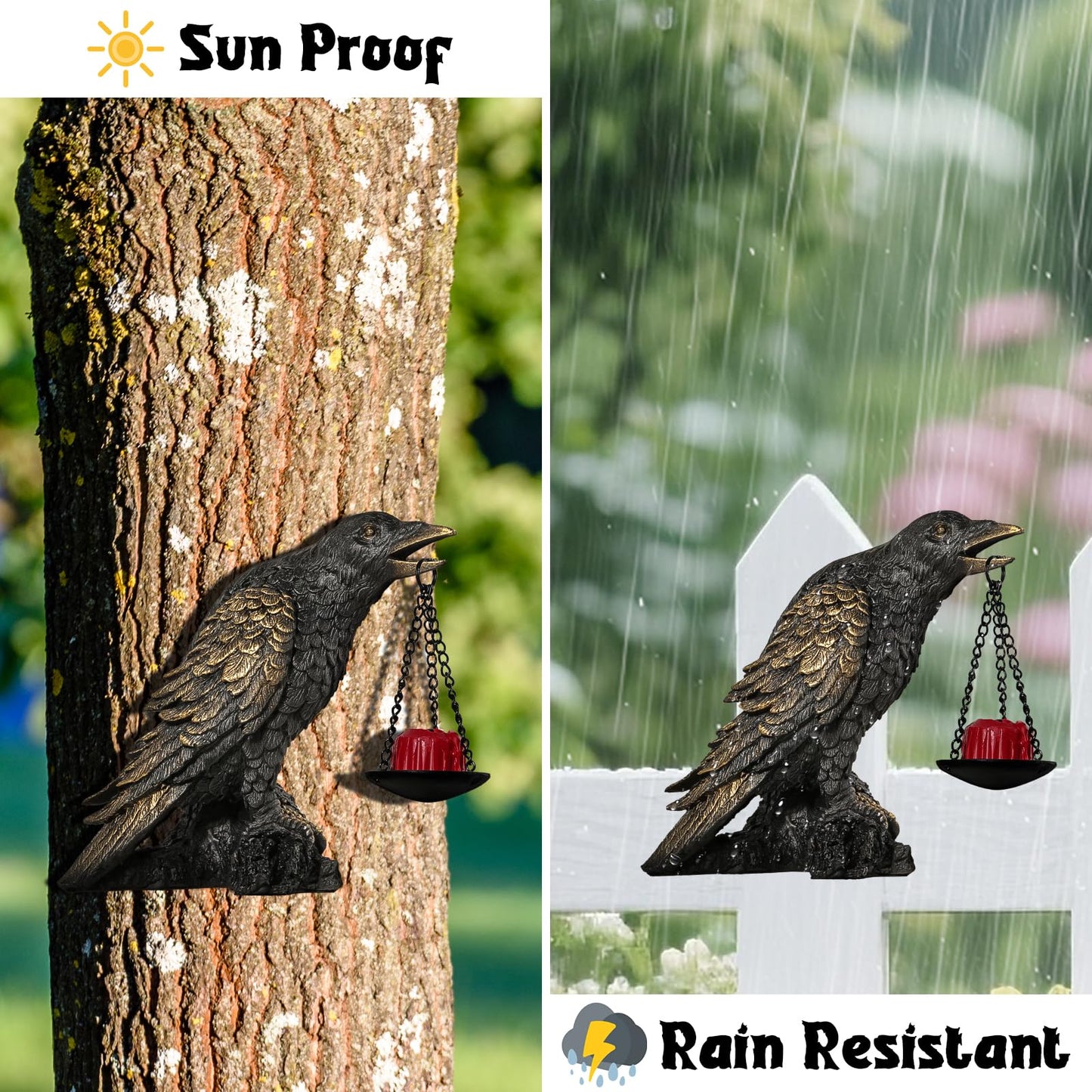 Gothic Crow Wall Art Decor Outdoor Wall Sconce Raven lamp Table Candle Holder Halloween Wall Decor for Patio Garden Bedroom Resin Tealight Statue Wearing Gold