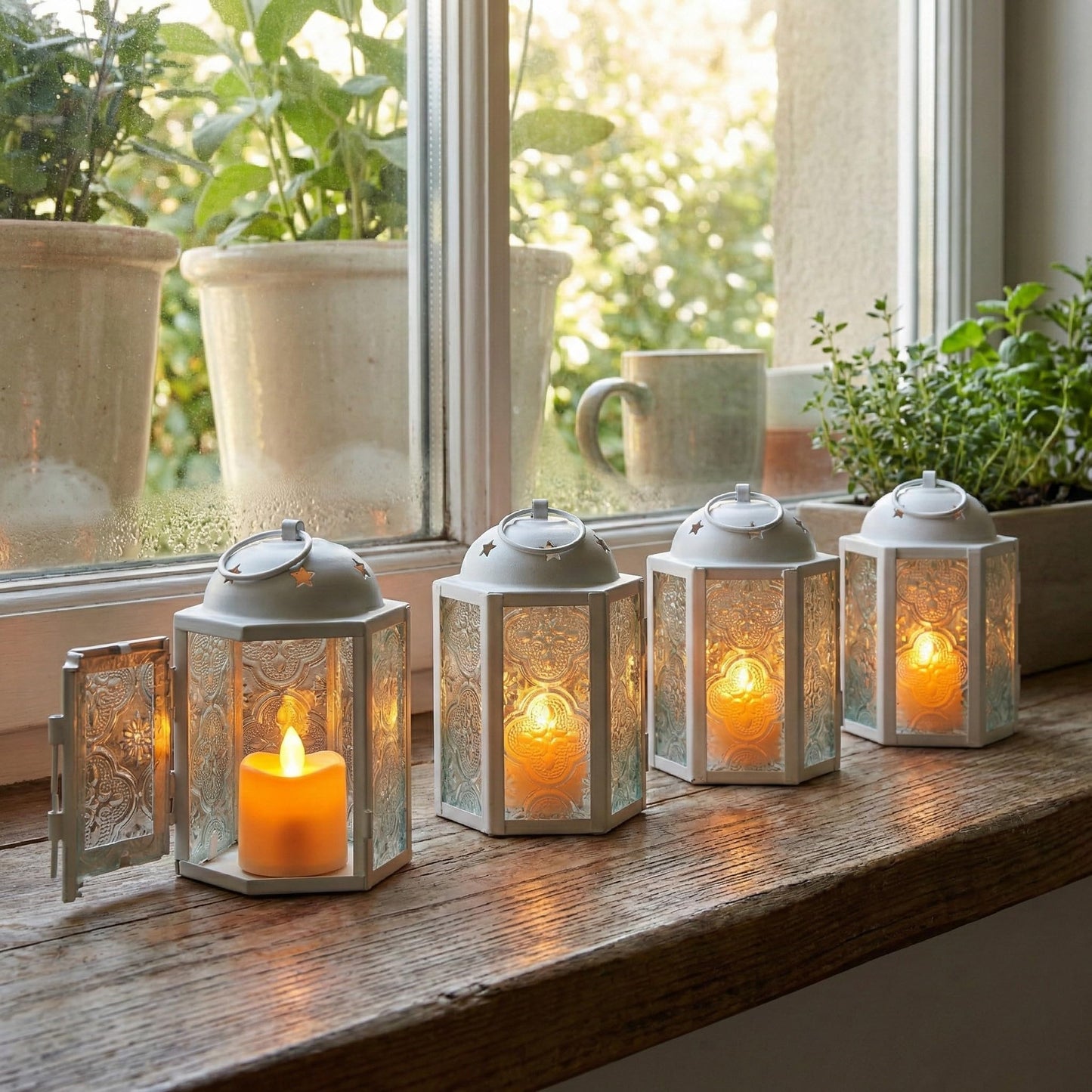VELA LANTERNS Mini Moroccan Tea Light Candle Holder Lanterns – 4.25" Small Decorative Lantern for Table or Hanging, Metal with Glass Panels – Ramadan, Wedding, Home Decor, Matte White (Set of 4)