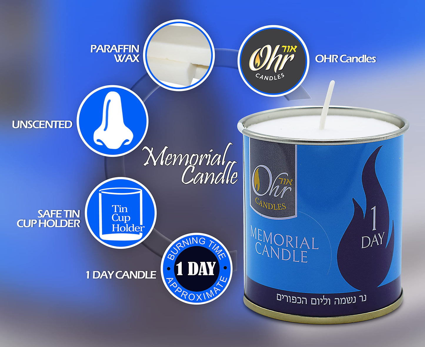 1 Day Yahrzeit Candle - 12 Pack - 24 Hour Kosher Yahrtzeit Memorial and Yom Kippur Candle in Tin Cup Holder