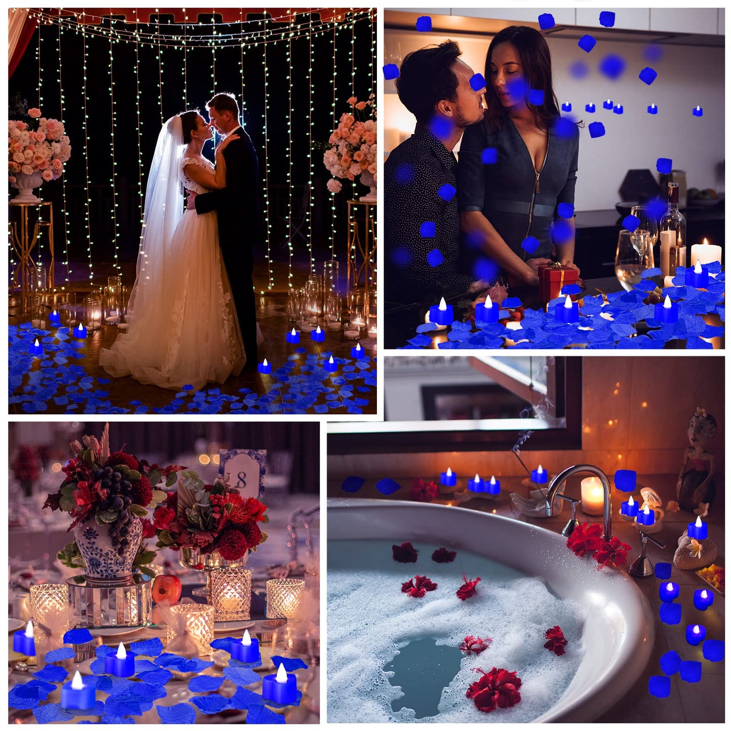Coume 120 Pcs Romantic LED Heart-Shaped Candles with 6000 Rose Petals Set, Perfect for Weddings Anniversaries, Proposal, Date, Valentine's Day, Hotel, Battery-Operated, Reusable (Blue Light)
