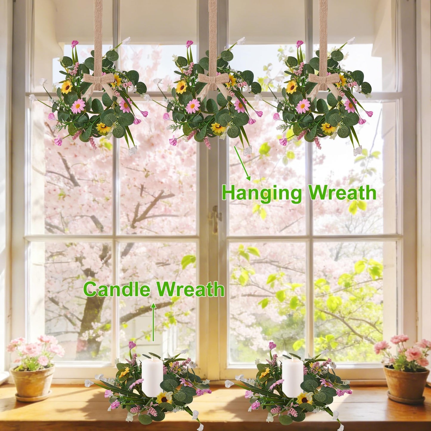 Spring Summer Wreath 4Pcs, 11.8 Inch Summer Wreath with Ribbon, Artificial Daisy Eucalyptus Leaves Grass Wreath, Hanging/Tabletop/Candle Ring Decor for Home Front Door, Porch, Wall, Window, Cabinets