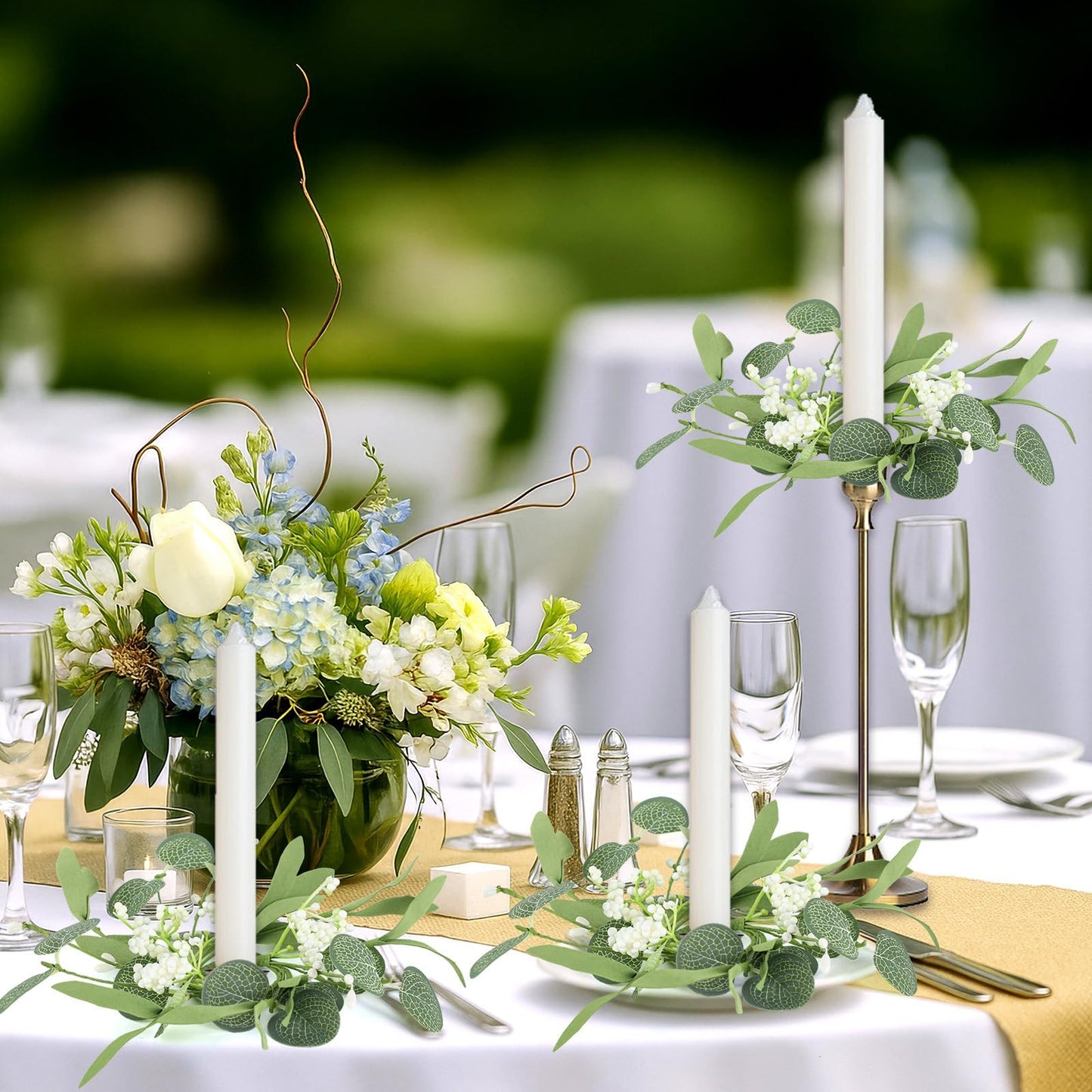 6 PCS Eucalyptus Taper Candle Rings Wreaths 1.38" Mini Spring Summer Floral Taper Candle Holder Wreaths Green Artificial Flower Table Centerpieces Wreath for Church Farmhouse Home Candlesticks Decor