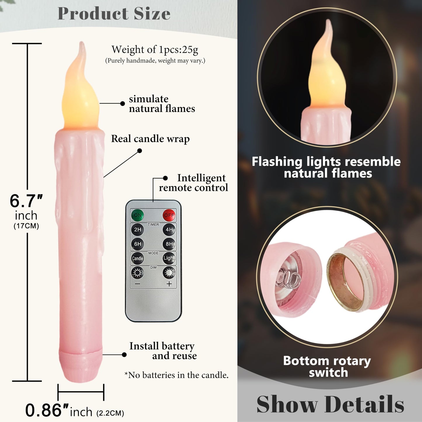 FCMSHAMD Pink Flameless Short Taper Candles, Real Wax Hand Dipped LED Battery Operated with Remote, Flickering Flame Lights for Festival Party Home Décor, 6.7 Inch Primitive Flameless Candles, 4PCS