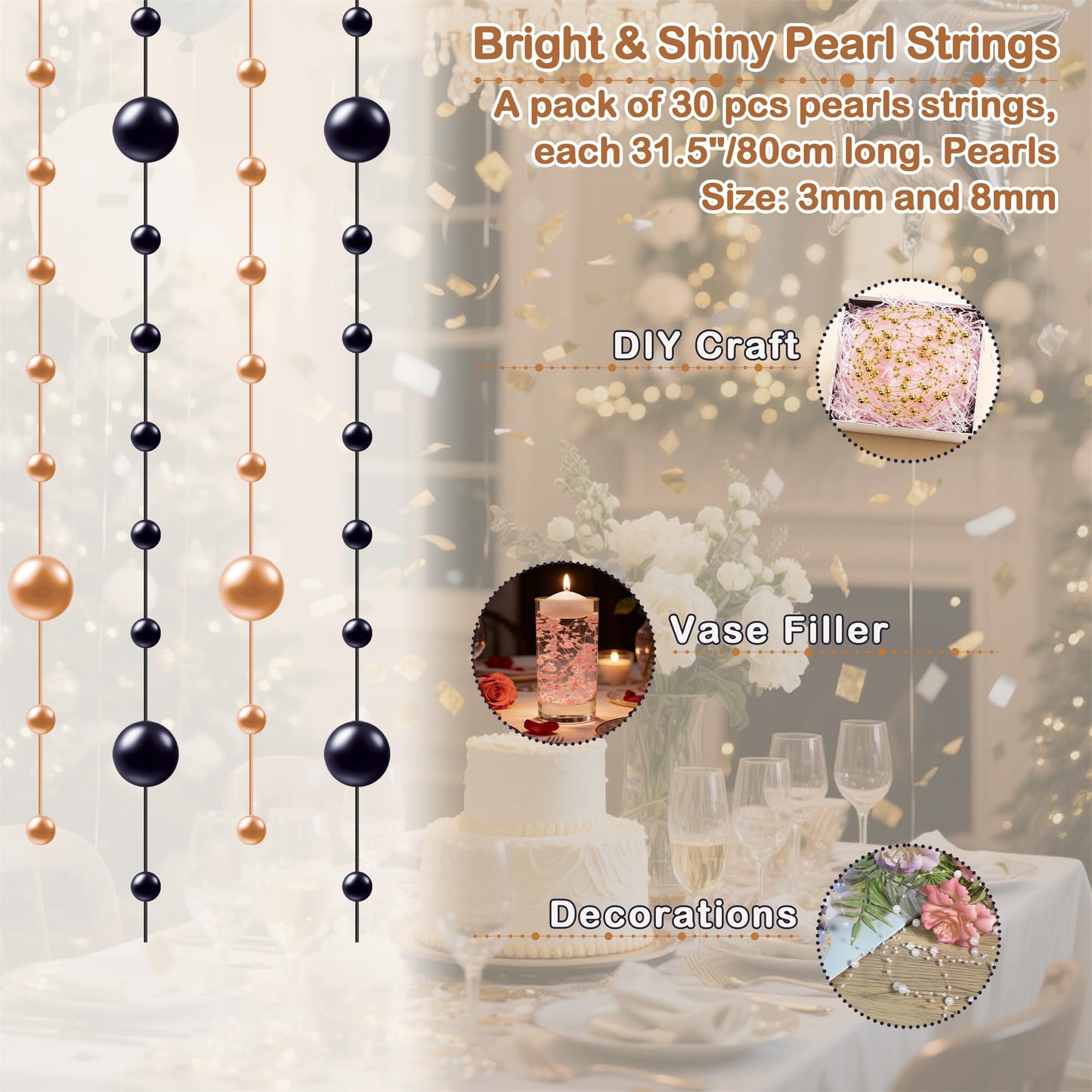 YATOJUZI 30 PCS Artificial Pearl String Orange and Black Vase Filler Floating Pearls for Vases Centerpieces Faux Pearl Beads String Decorations Holiday Halloween Party Decor