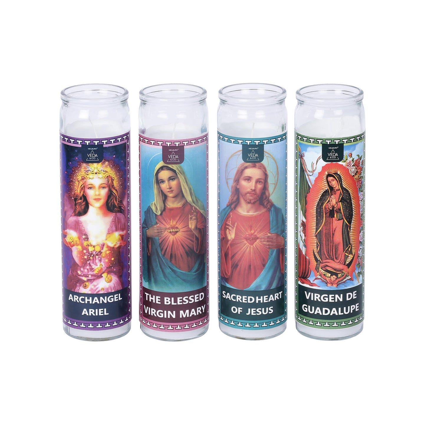 Welburn Veda&Co™ Prayer Candles - Pack of 4, 90 Hours Burn Time Smokeless Unscented Glass Pillar Candle 100% Refined Paraffin Wax, Religious, Memorial, Christmas Vigil, Wedding Home Decor, Emergencies