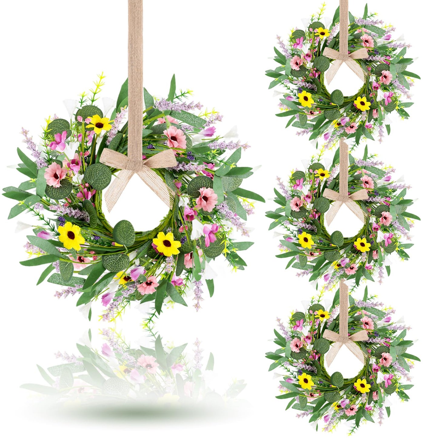4 Pcs 9" Mini Spring Summer Flowered Wreath Floral Wedding Candle Rings Wreaths Kitchen Cabinet Wreaths with Ribbon for Pillars Wedding Table Centerpiece Farmhouse Party Home Door All Seasons Decor