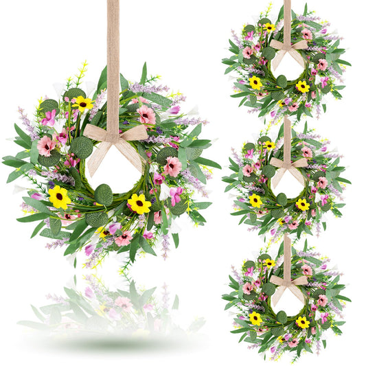4 Pcs 9" Mini Spring Summer Flowered Wreath Floral Wedding Candle Rings Wreaths Kitchen Cabinet Wreaths with Ribbon for Pillars Wedding Table Centerpiece Farmhouse Party Home Door All Seasons Decor