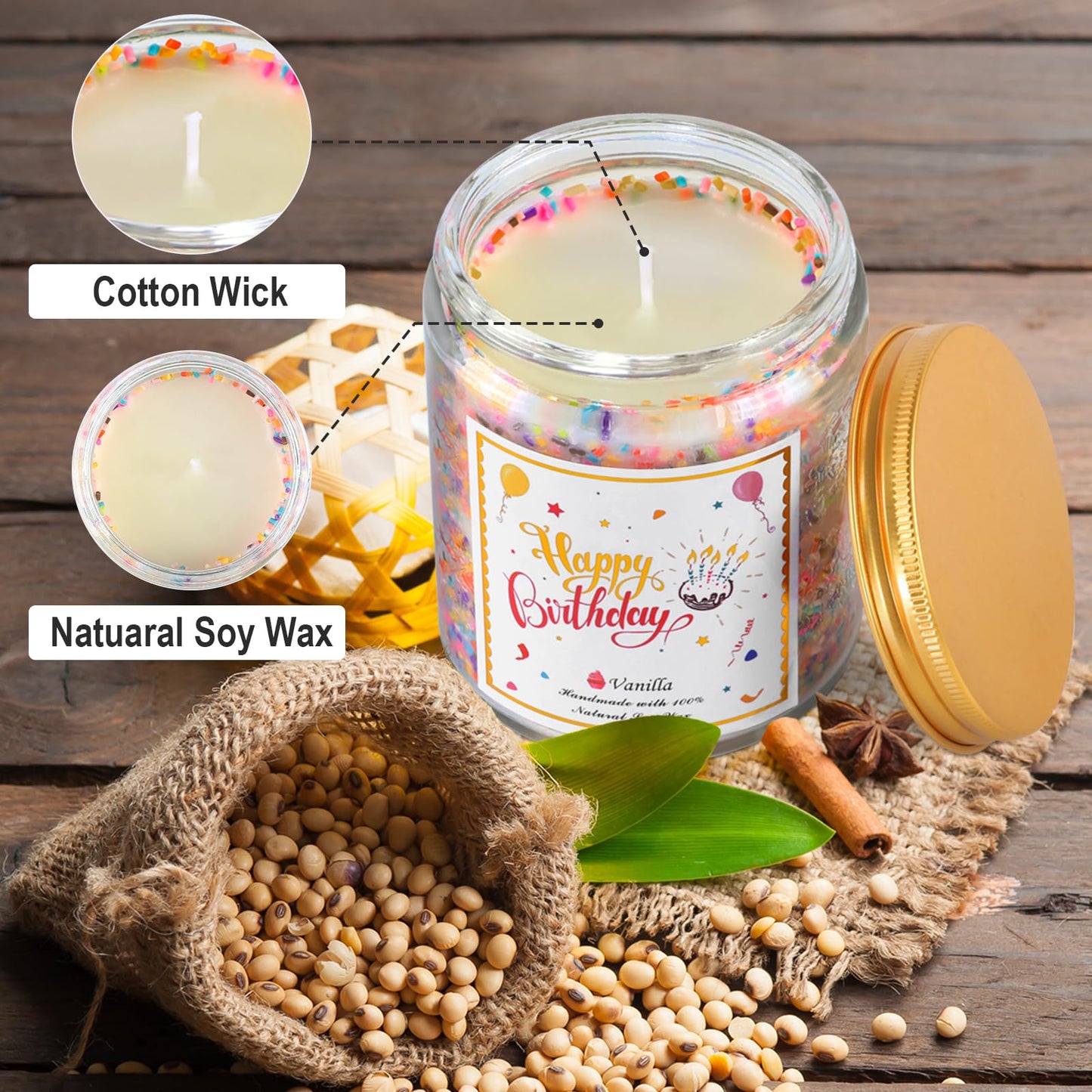 Happy Birthday Candle - Natural Soy Wax Scented Candle with Vanilla Birthday Cake Scent, Unique Gift Ideas for Men Women Best Friend