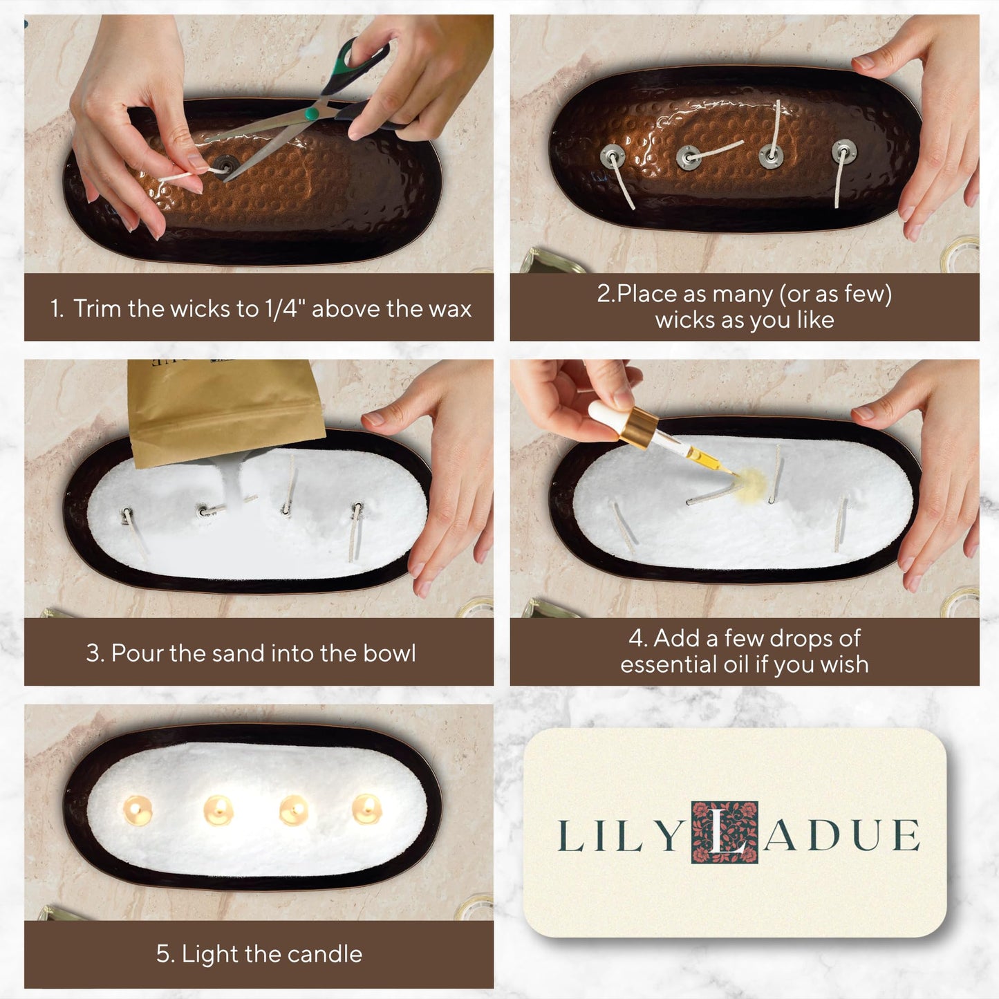 LILY LADUE Sand Candle Kit - 1Lb/16Oz Pearled Candles Sand and Wicks (24) with Bronze Holder, Unscented Aroma Beads, Reusable Pearled Candle Wax for DIY Home Kit, Powder Beads Refill Available