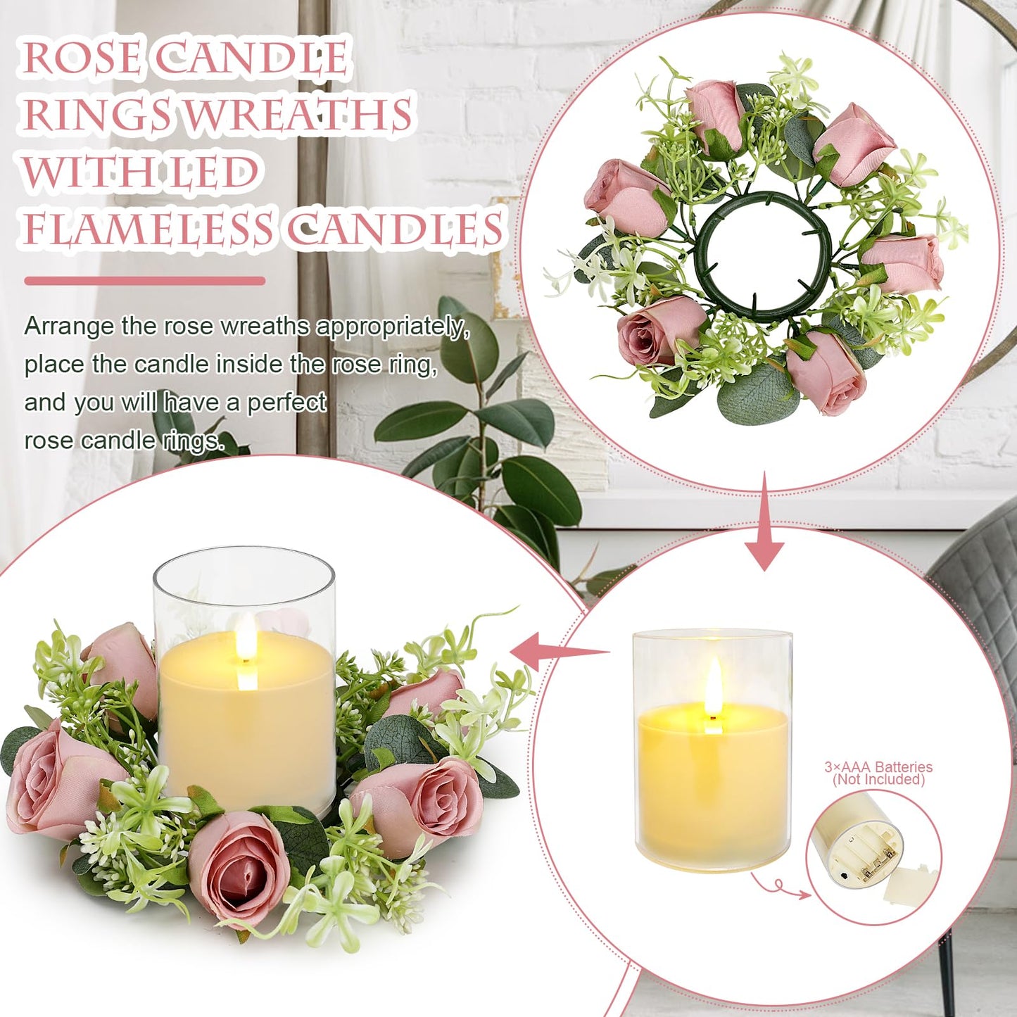Tobilu 12 PCS Roses Candle Rings Wreaths - 3 Inch Artificial Floral Rings with LED Flameless Candles Eucalyptus Leaves for Spring Banquet Table Centerpieces Home Wedding Party, Dusty Pink