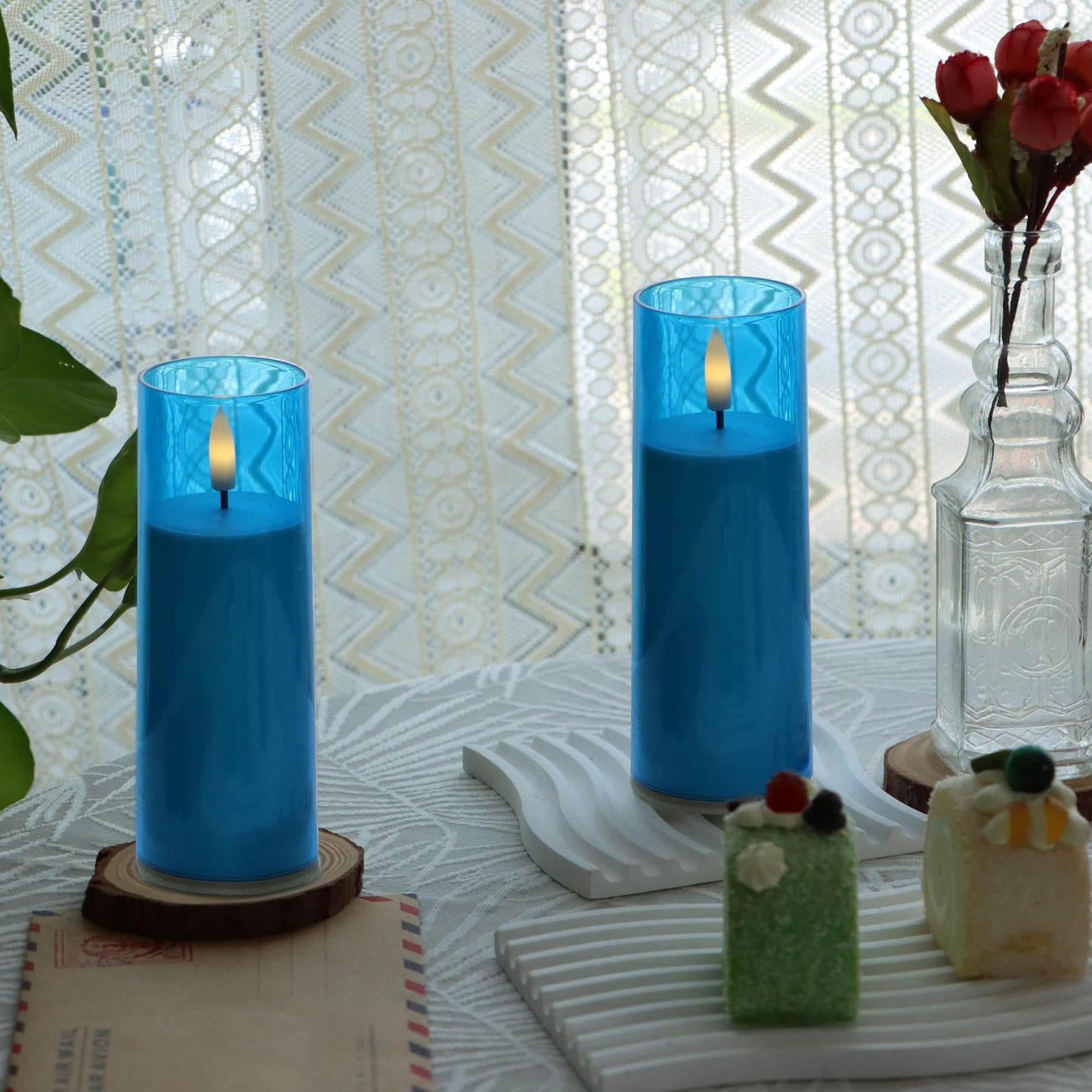 CANDLE CHOICE Indoor Outdoor Flameless Candles with Timer Waterproof Realistic Flickering Battery Operated Pillar LED Lights with Acrylic Shell Wedding Party Christmas Decorations 6 Pack 2”x6” Blue
