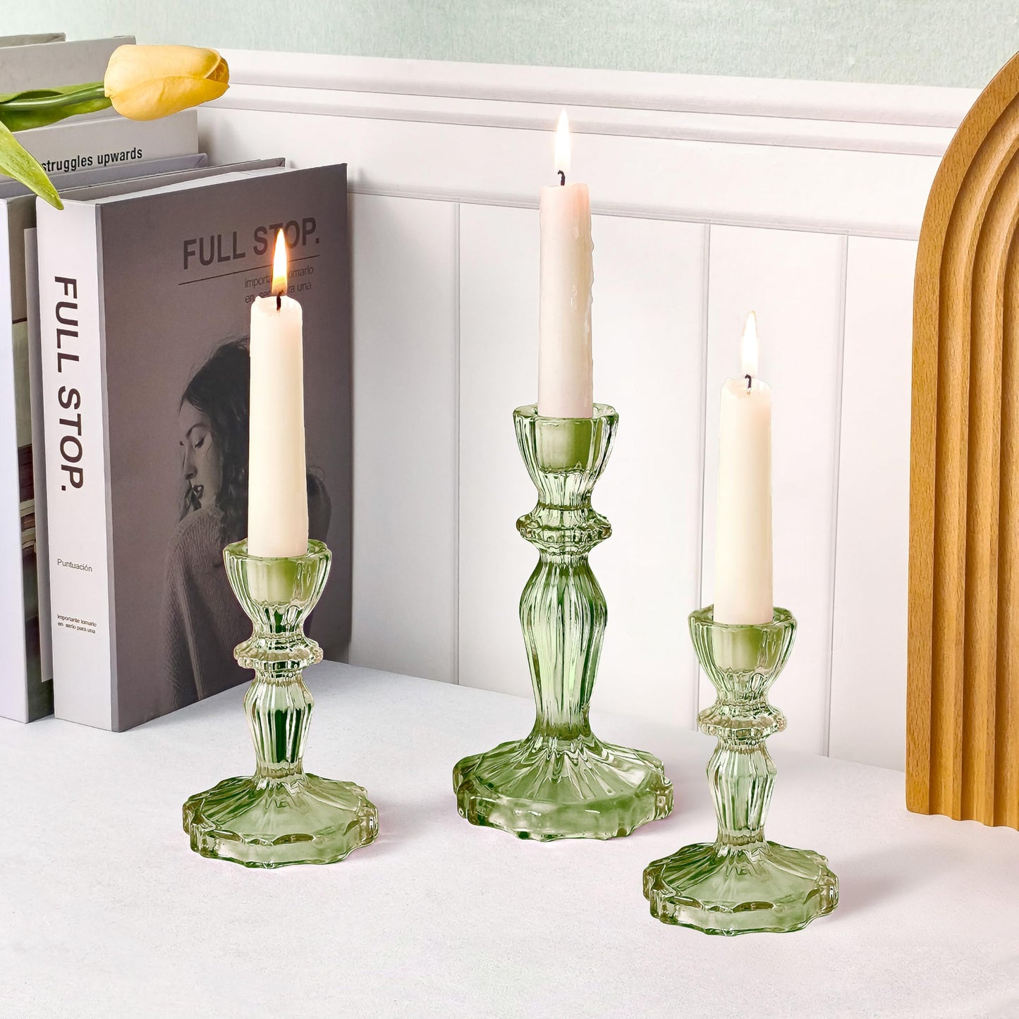 CHOCSTAY Glass Candlestick Holders Set of 3, Green Stripe Taper Candle Holders for Table Centerpiece, Home Decorations, Wedding and Party