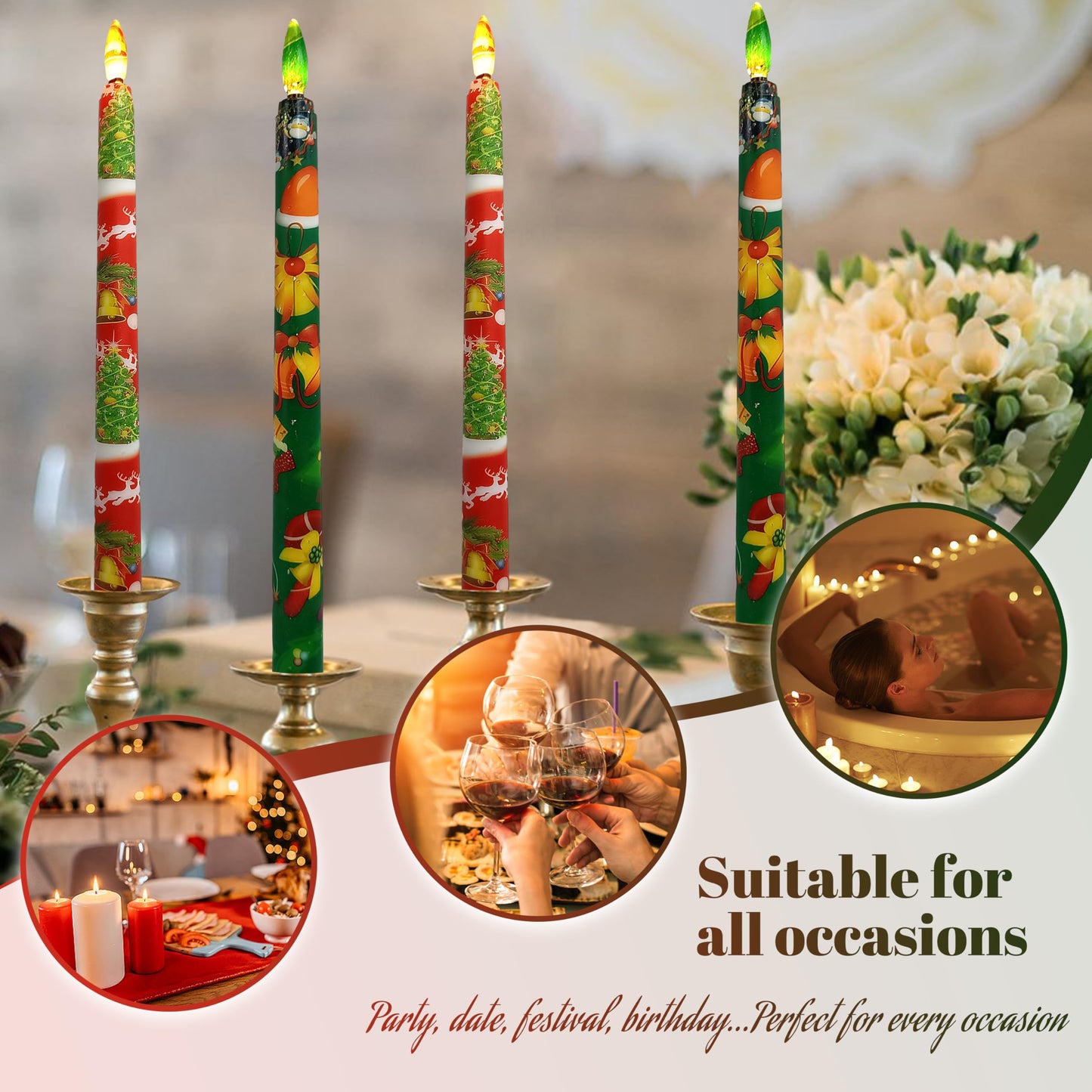 FCMSHAMD 6PCS Christmas Red Green Flameless Taper Candles, 11 Inch LED Candlesticks Battery Operated with 11-Key Remote and Timer, 3D Flickering Flame Lights for Wedding Party Home Decor Gifts