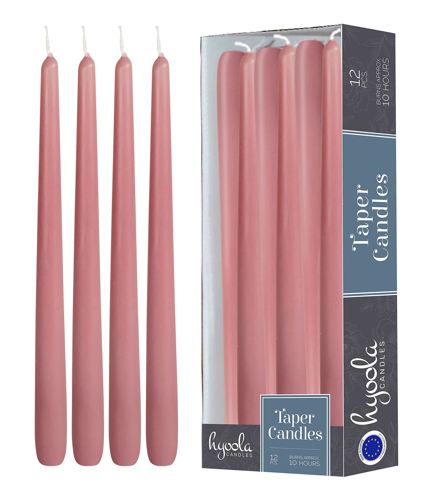 Hyoola 12 Pack Tall Taper Candles - 12 Inch Rose Pink Dripless, Unscented Dinner Candle - Paraffin Wax with Cotton Wicks - 10 Hour Burn Time