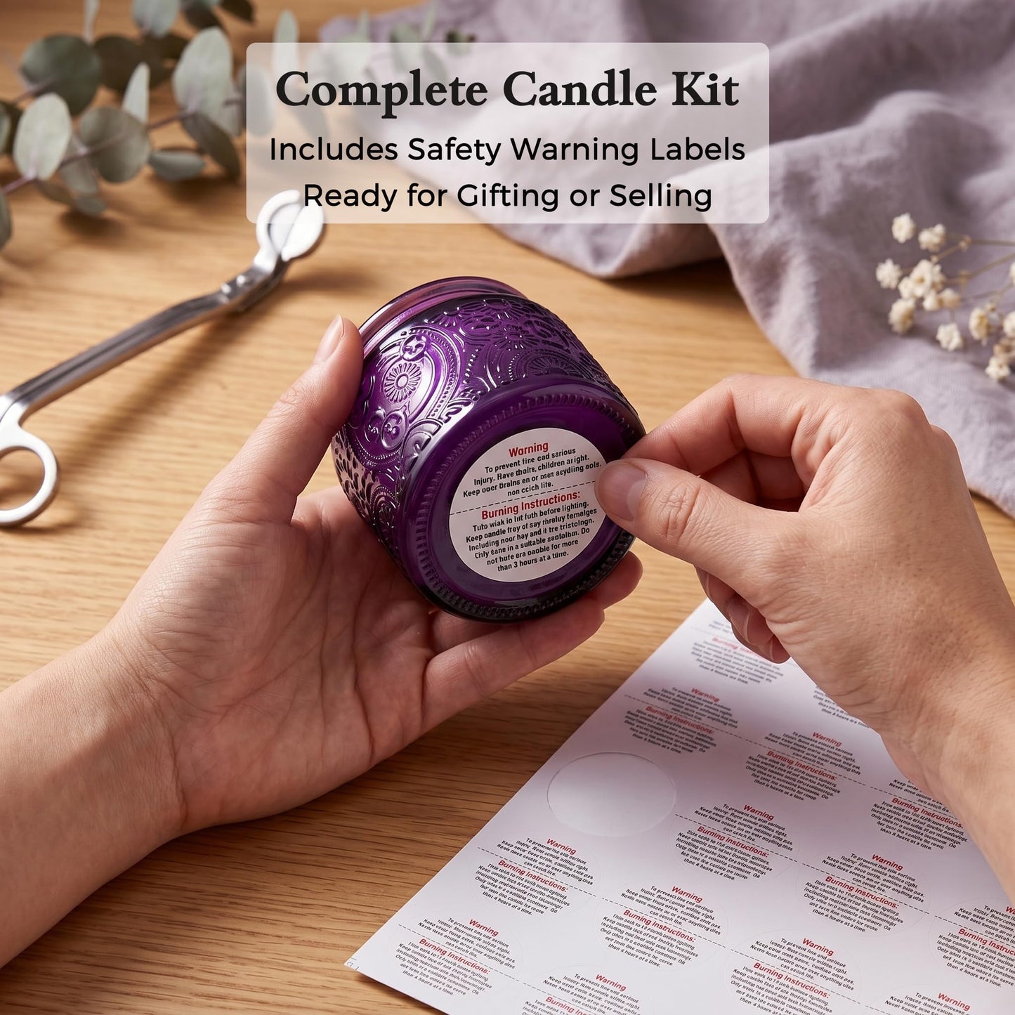 18-Pack 4oz Embossed Glass Candle Container with Bamboo Lids and Labels, Clear Candle Jars for Making Candles, Sun Moon Star Design (Purple)
