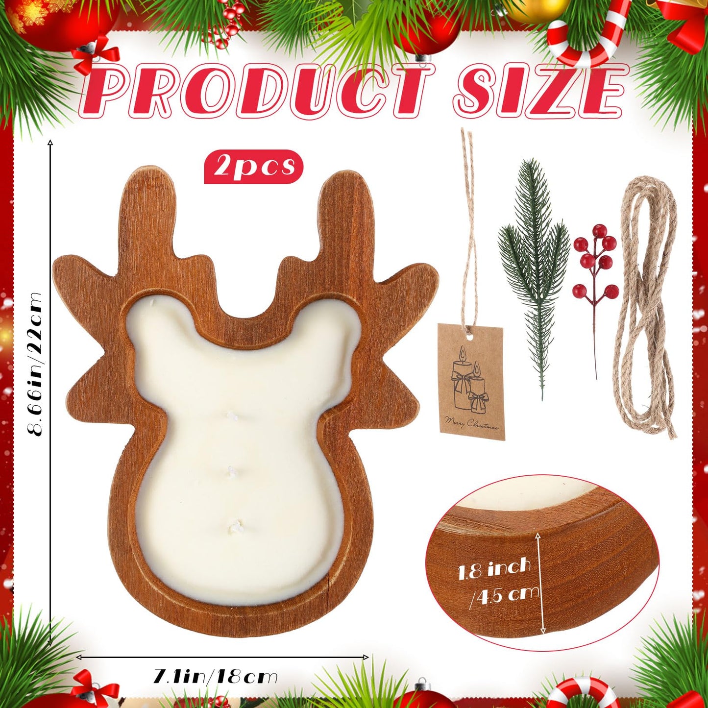 MTLEE 2 Pack Christmas Wood Dough Bowl Candle Deer Wooden Candle Bowl 3 Wick Xmas Farmhouse Decoration with Berries Pine Label for Christmas Table Centerpiece Birthday Gift Home Party Decor