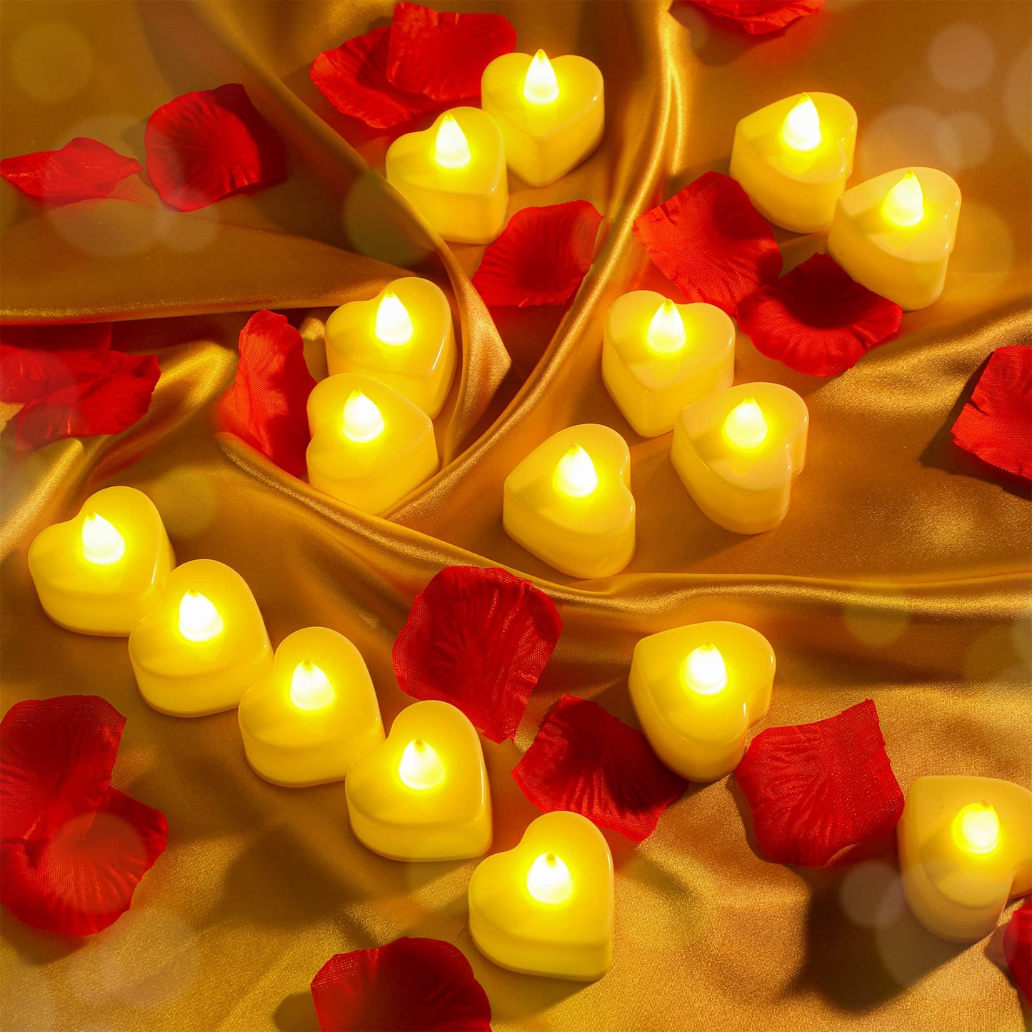 Coume 120 Pcs Romantic LED Heart-Shaped Candles with 6000 Rose Petals Set, Perfect for Weddings, Anniversaries, Home Decor, Date, Valentine’s Day, Battery-Operated, Reusable (Warm White Light)
