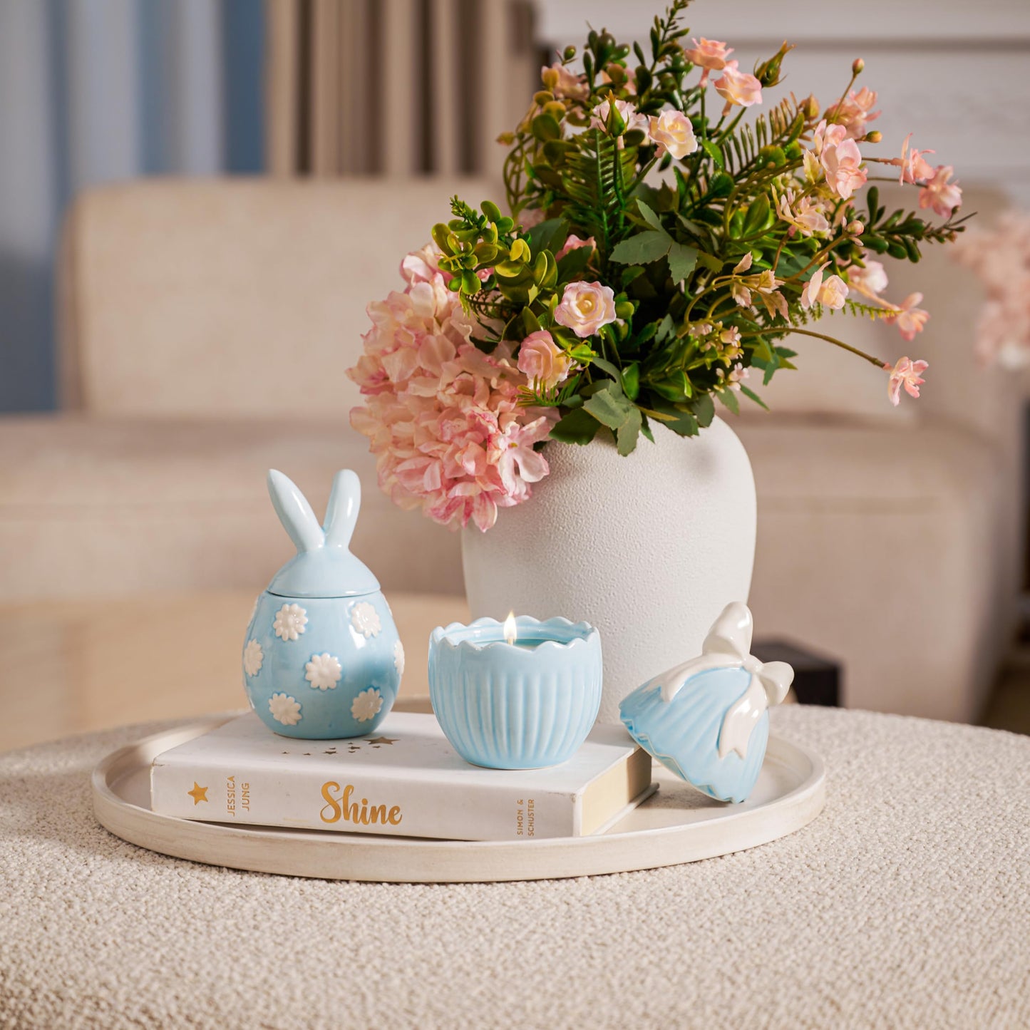 WDS WONDROUS 2-Pack Easter Bunny & Bow Ceramic Jar Candles, Egg Shaped Soy Wax Scented Candles with Daisy and Striped Design, Spring Home Decor Gift Set for Women, Blue Farmhouse Table Centerpiece