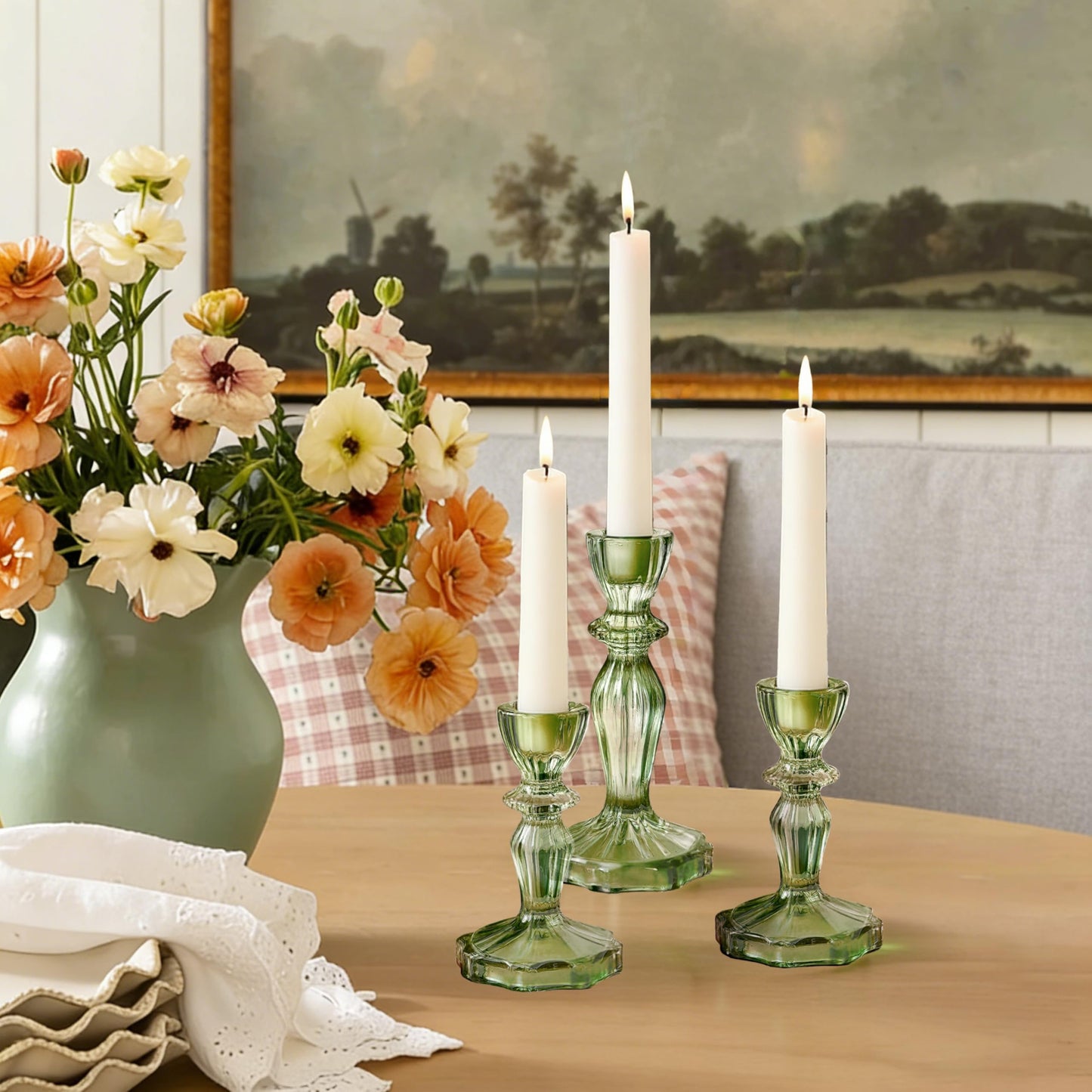 CHOCSTAY Glass Candlestick Holders Set of 3, Green Stripe Taper Candle Holders for Table Centerpiece, Home Decorations, Wedding and Party