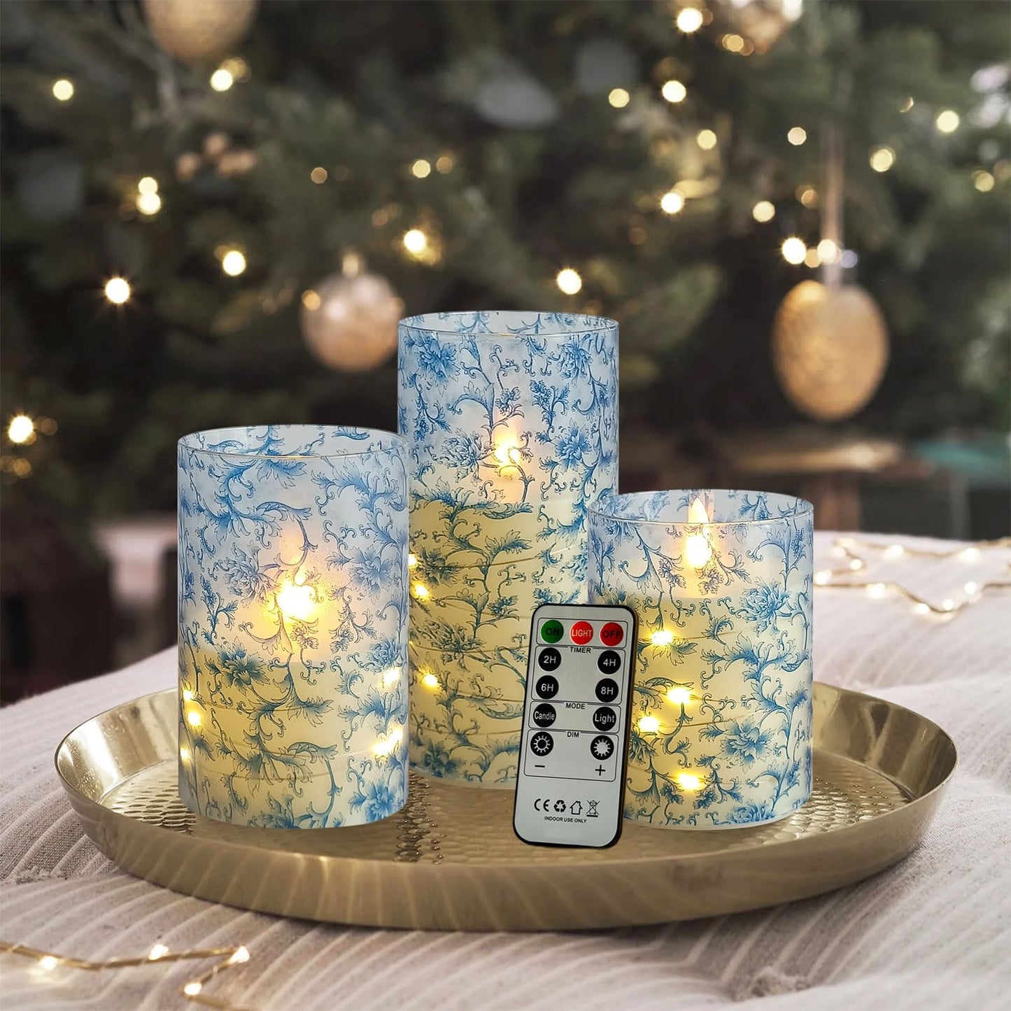 NjaoHoo Flickering Flameless Candles, Recessed String Light LED Candles 3D Wick Acrylic Battery Operated LED Pillar Candles with Remote and Timer for Modern Simple Home Decor Set of 3(Blue Twig)