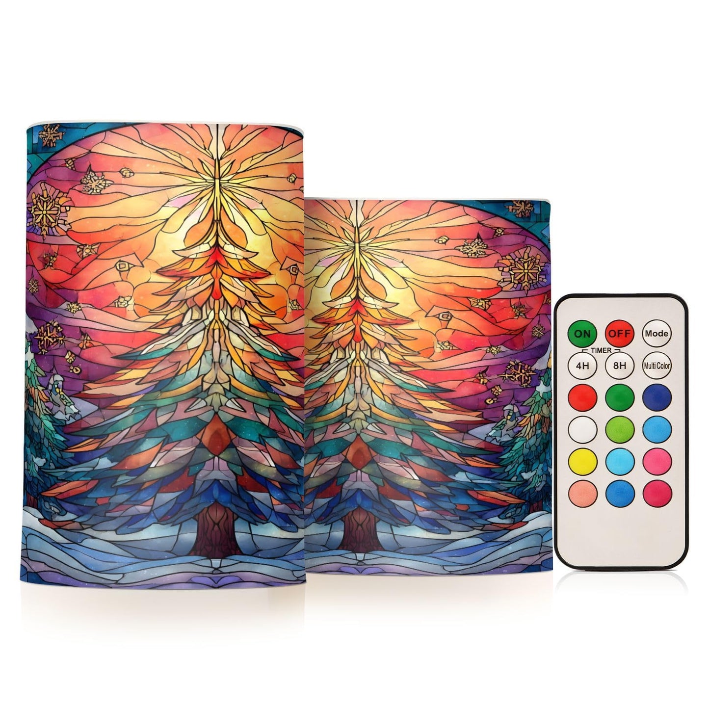 ALAZA Stained Glass Christmas Tree Winter Flameless Candles Flickering LED Candles with Remote Timer Battery Operated Pillar Candles Set of 2 for Dinner Holiday Decor