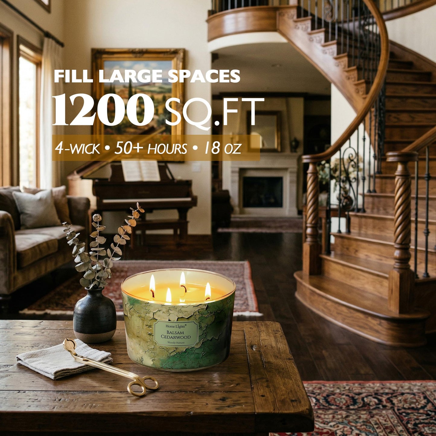 HomeLights Balsam Cedarwood Scented Candles | 18oz Soy Candles Industrial Chic 4-Wick Large Candle Jars | Ideal Candle Gifts for Events, Home Decor Stress, Relief & Relaxation