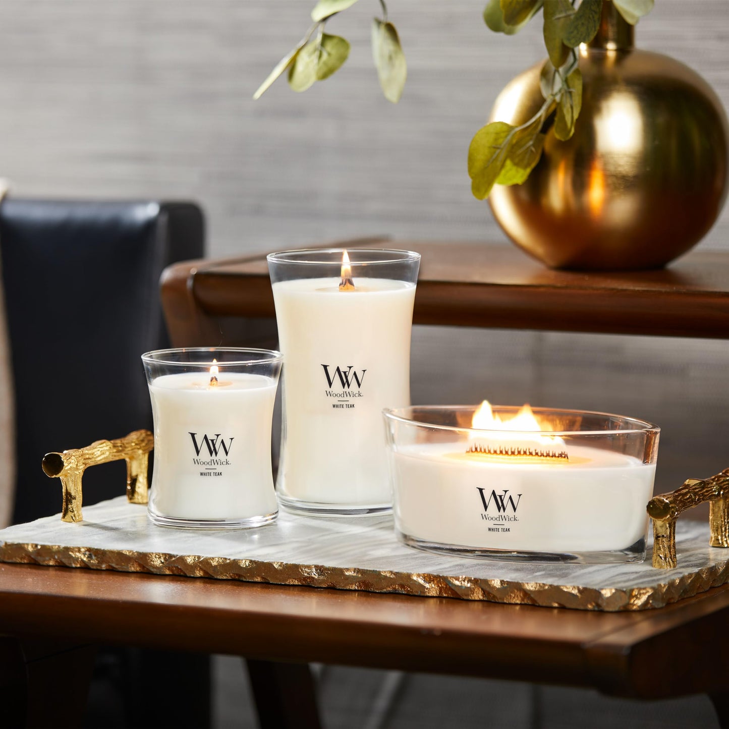 WoodWick White Teak Gifts for Women and Men, 16 oz Ellipse Candle with Crackling Wick