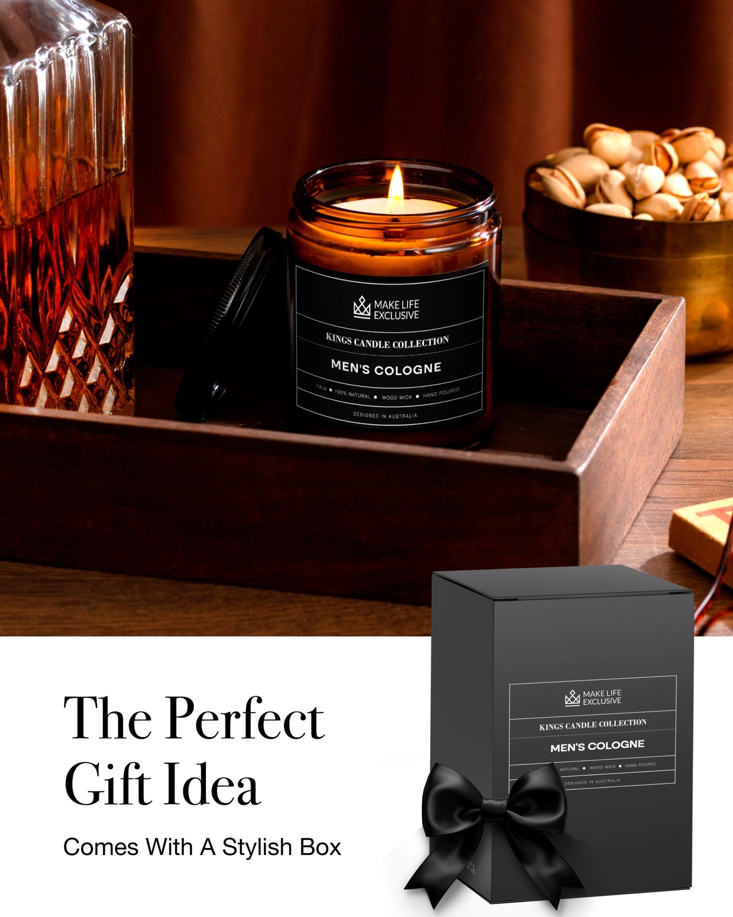 Scented Candles for Men | Men's Cologne, Amber Sandalwood Scent | Wooden Wick, Long Lasting, Masculine Scents | Natural Soy Jar Candle for Home, Bacehlor Pad Decor | The Perfect Mens Gift