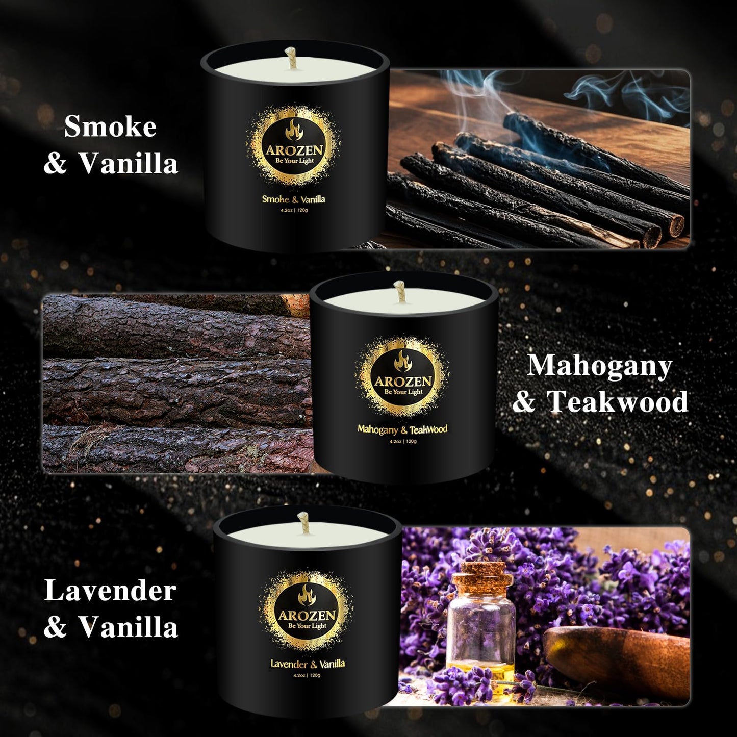 AROZEN 3 Pack Candles for Home Scented, Scented Candles Gifts Set for Men, Aromatherapy Soy Candle of Lavender, Mahogany Teakwood & Smoke Vanilla, Gifts for Men Fathers Day Valentine's Day Present