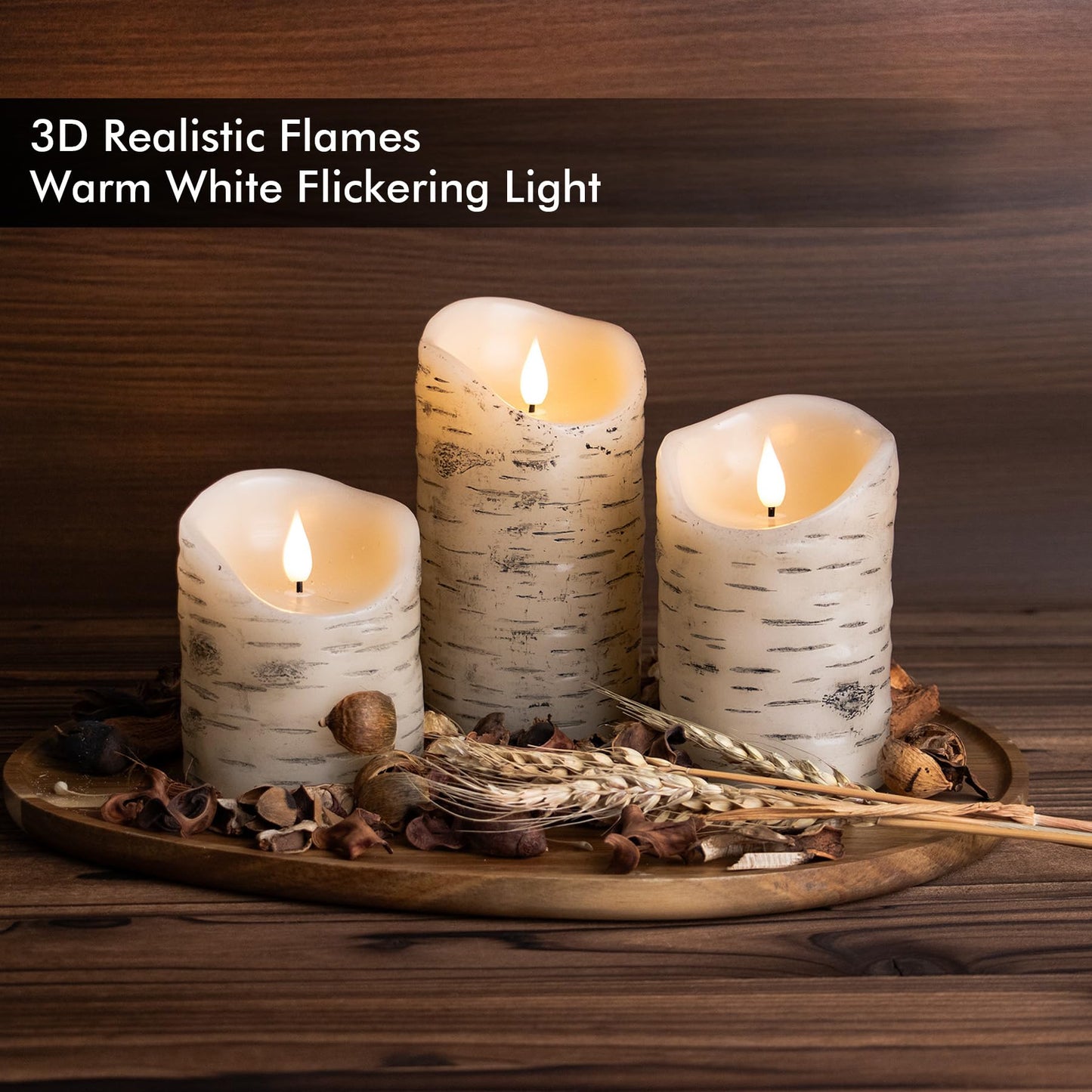 Fanna Set of 3 Flameless LED Birch Bark Candles with Timer, Battery Operated Wax Candles with Remote for Christmas, 6 Batteries Included - H 4"/5"/6"