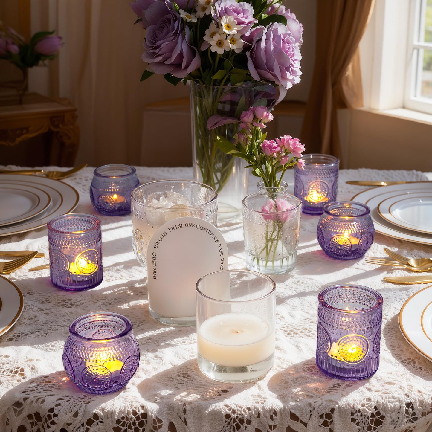 WELLIFE 24-Piece Purple Glass Votive Candle Holders Set – Tealight Candle Holder Glass Bulk with 12 Round & 12 Sunflower Textured Cups, Purple Votive Candle Holders for Weddings, Parties, Home