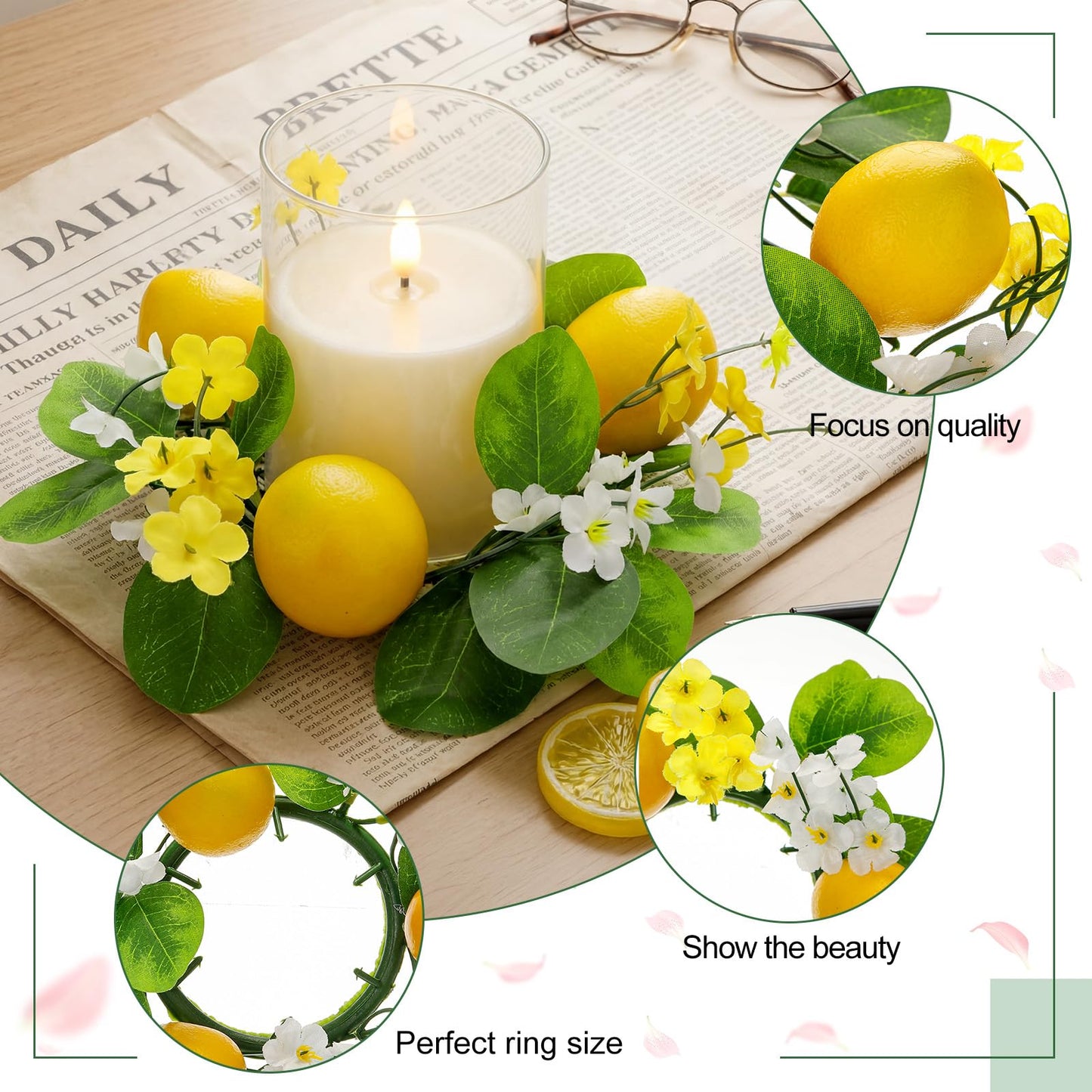 Yunlly 4 Pcs Artificial Lemon Candle Rings Wreaths Decorative Greenery Candle Holder with Yellow Lemons and White Flowers with LED Flameless Candles for Farmhouse Summer Wedding Home Table Centerpiece